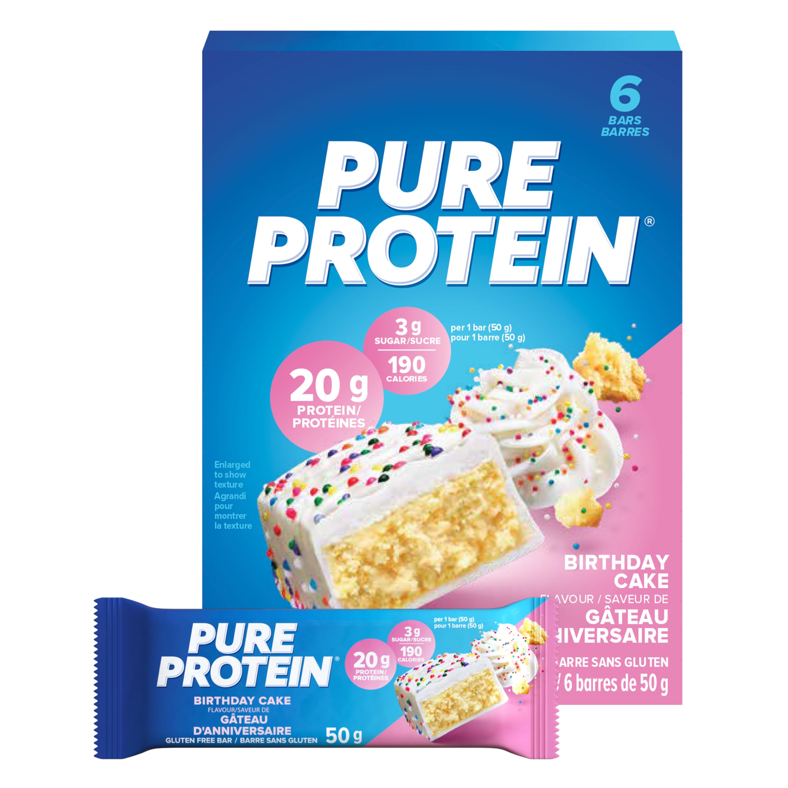 Pure Protein emballage gateau-anniversaire pratique pour planifier une collation gourmande.