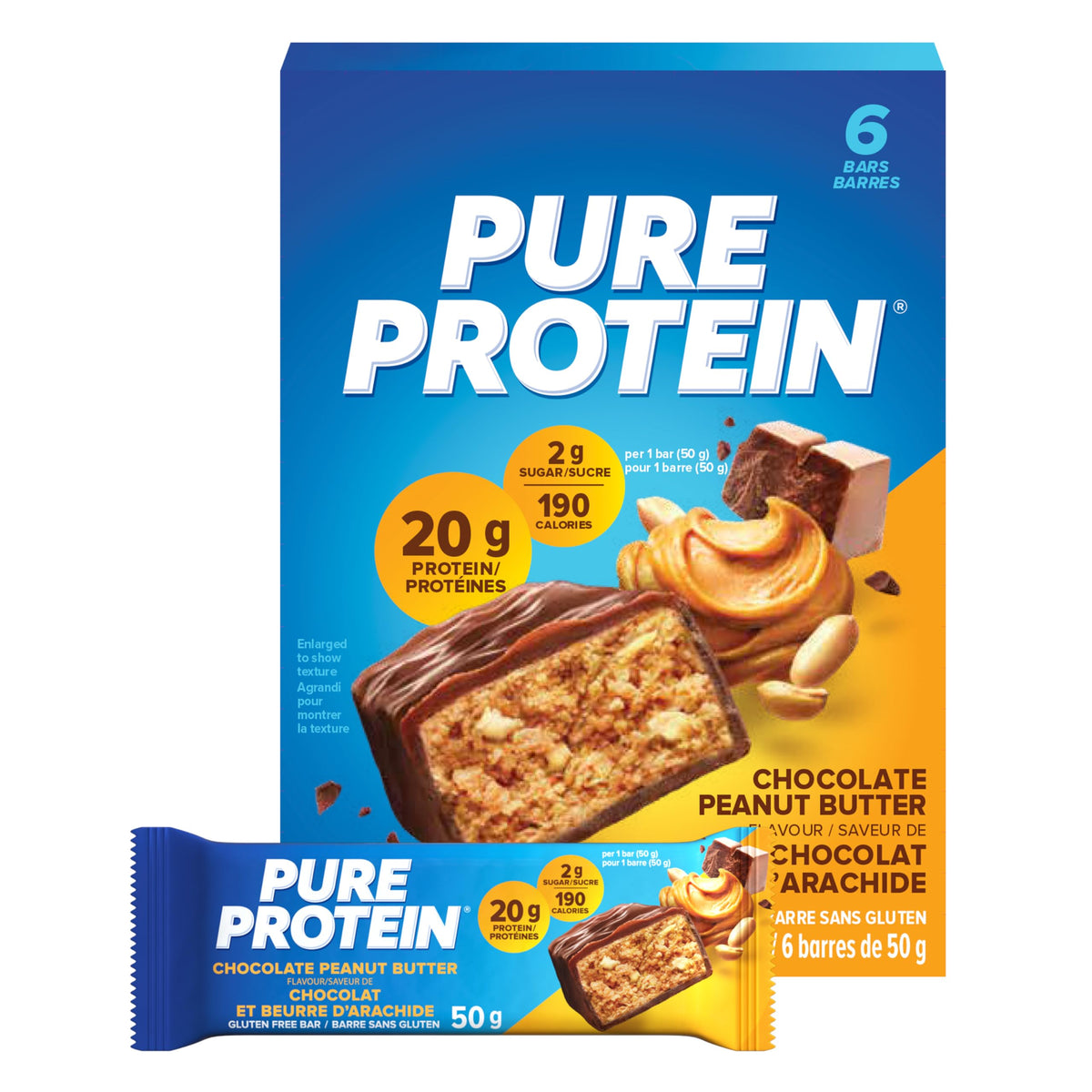 Pure Protein barres chocolat beurre cacahuete emballage réutilisable, snack pratique en déplacement