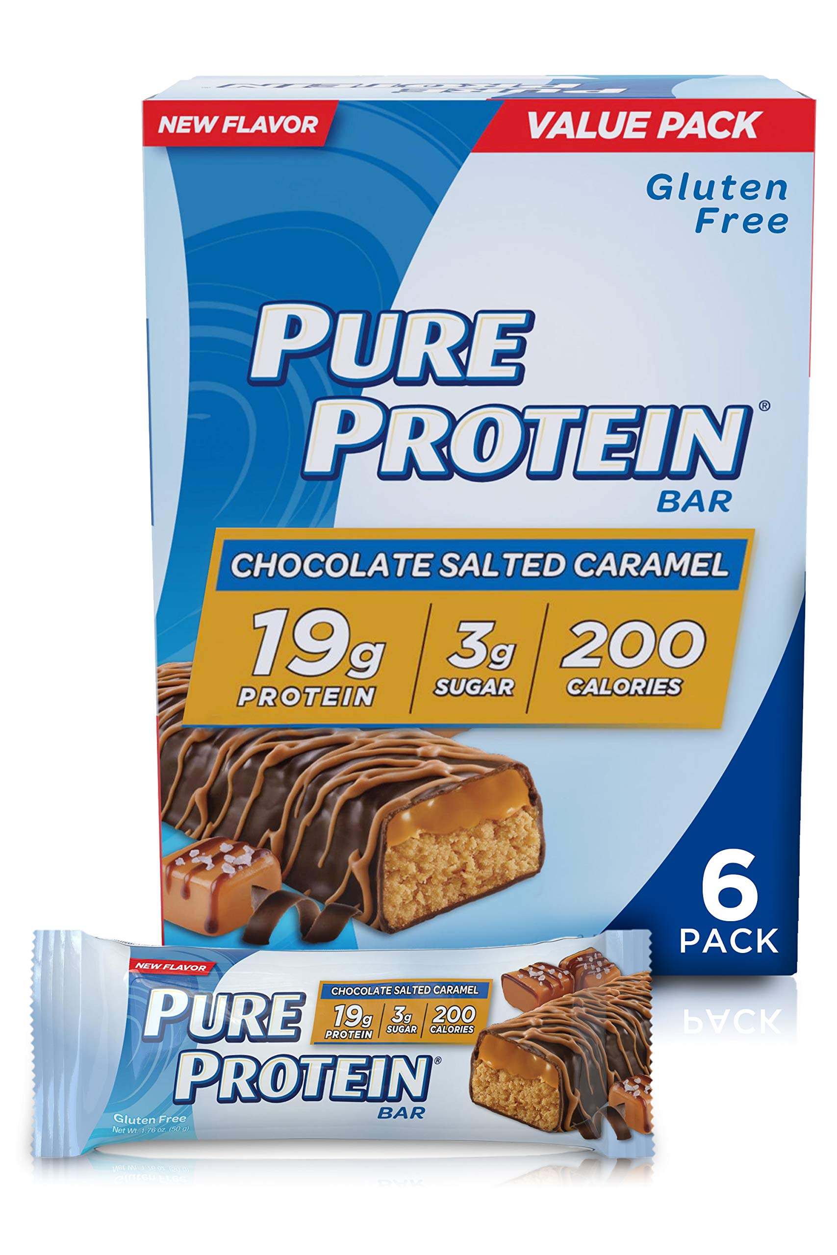 Barres Pure Protein chocolat sel caramel, lot de 4, snack pratique pour les déplacements.