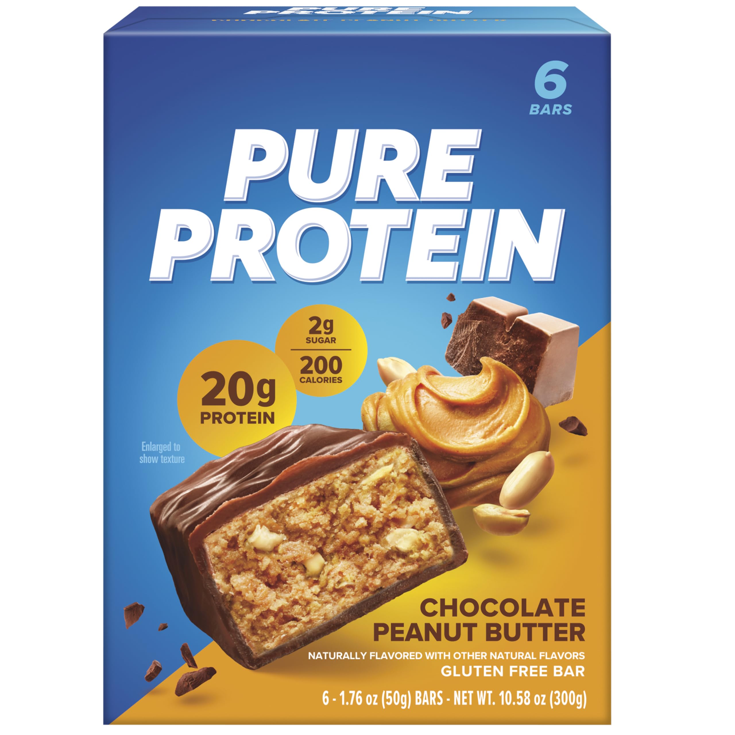 Barre Pure Protein chocolat cacahuète, collation protéinée pratique en déplacement.