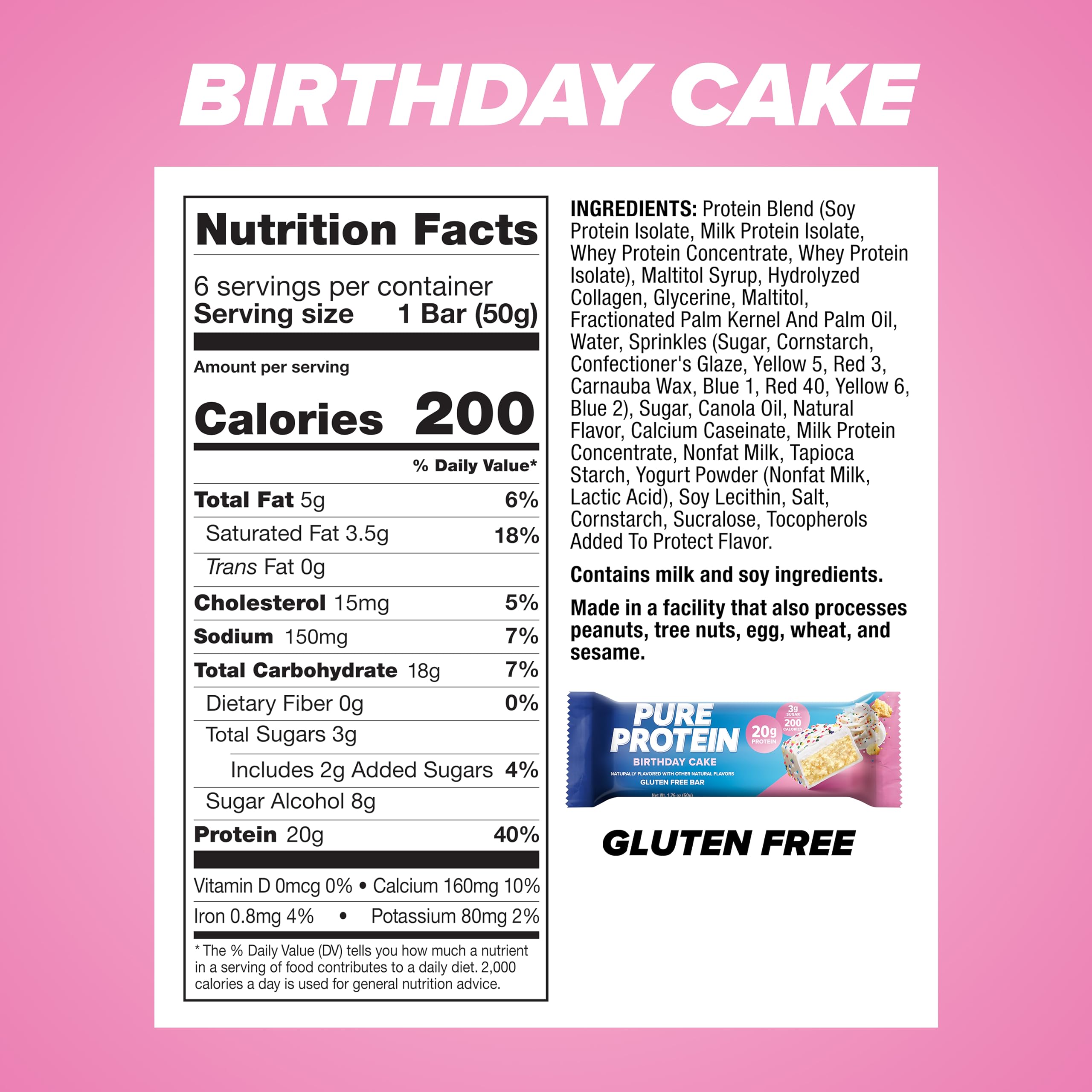 Pure Protein Gâteau d'anniversaire, fiche nutritionnelle affichée sur l'emballage