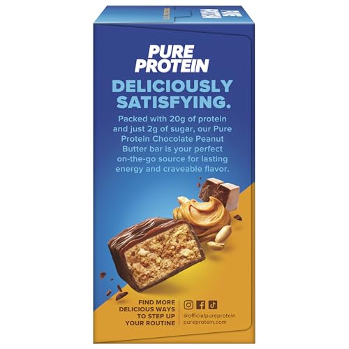 Barre Pure Protein goût chocolat cacahuète, texture délicieuse et rassasiante.