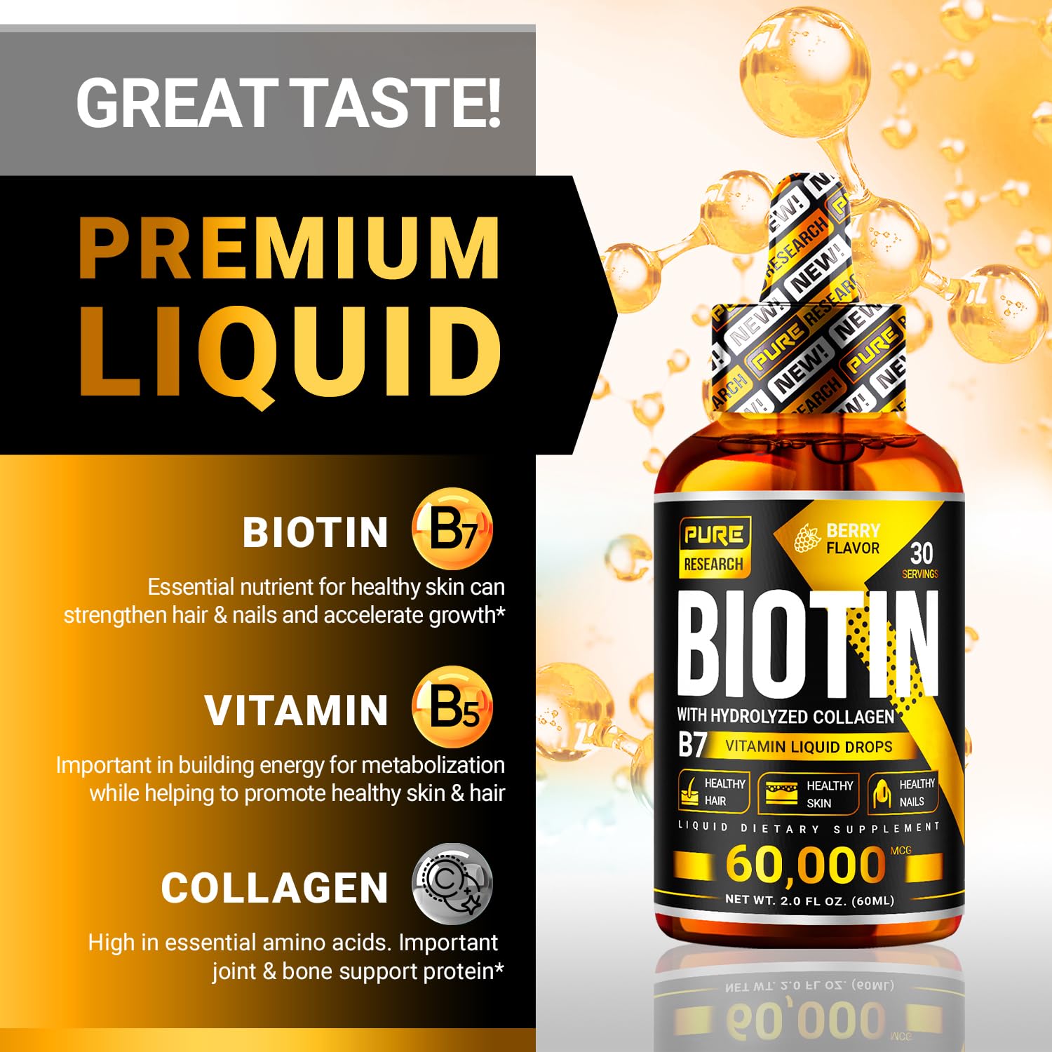Bouteille Pure Research Biotine et Collagène – format pratique pour routine beauté.