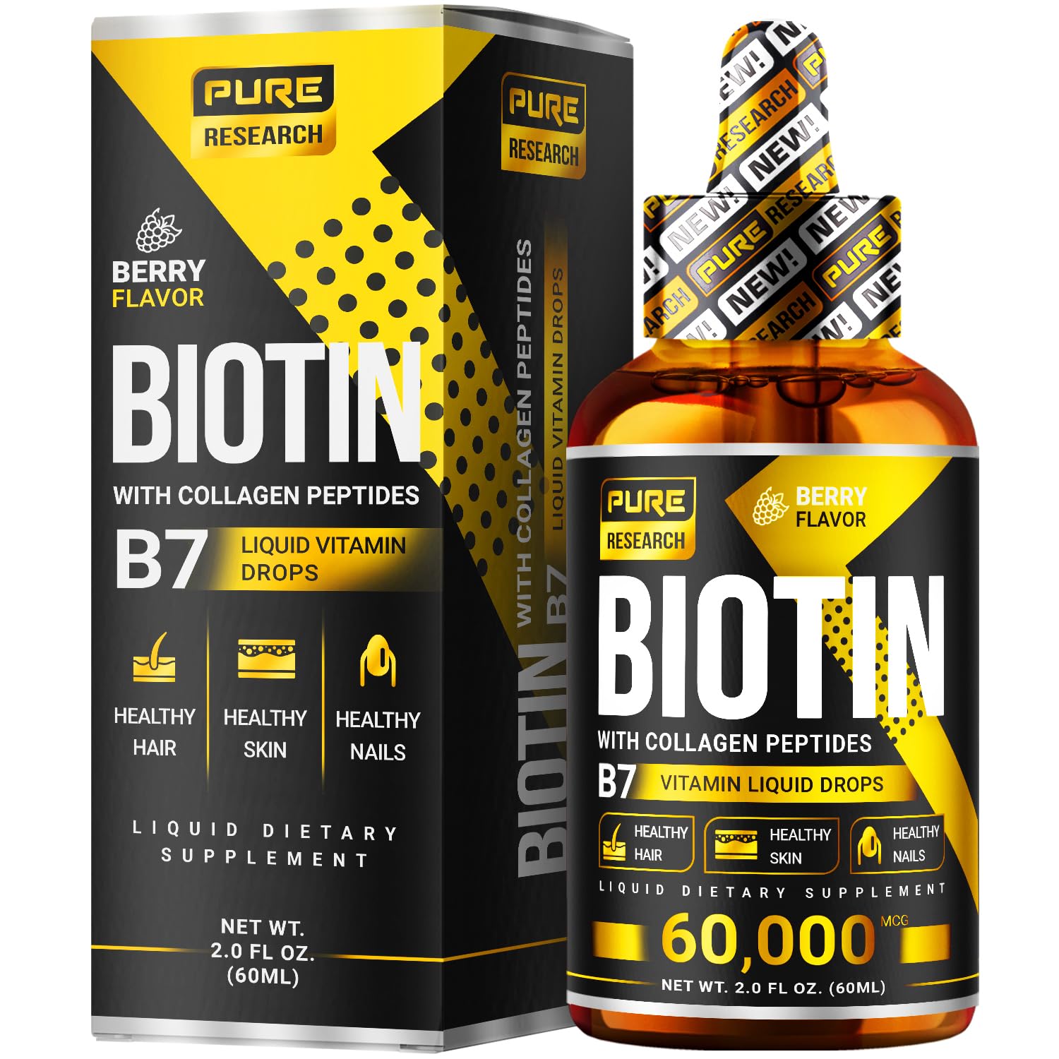 Gouttes Pure Research Biotine et Collagène – cheveux sains et peau éclatante.