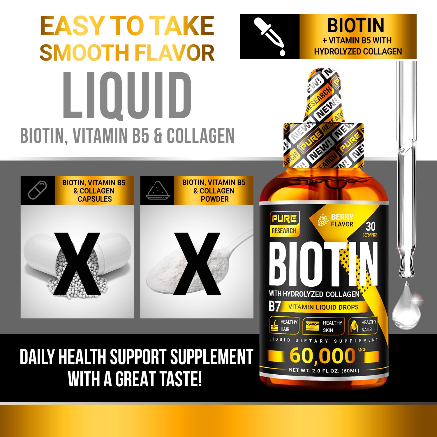 Flacon Pure Research Biotine et Collagène – goût framboise et texture douce.
