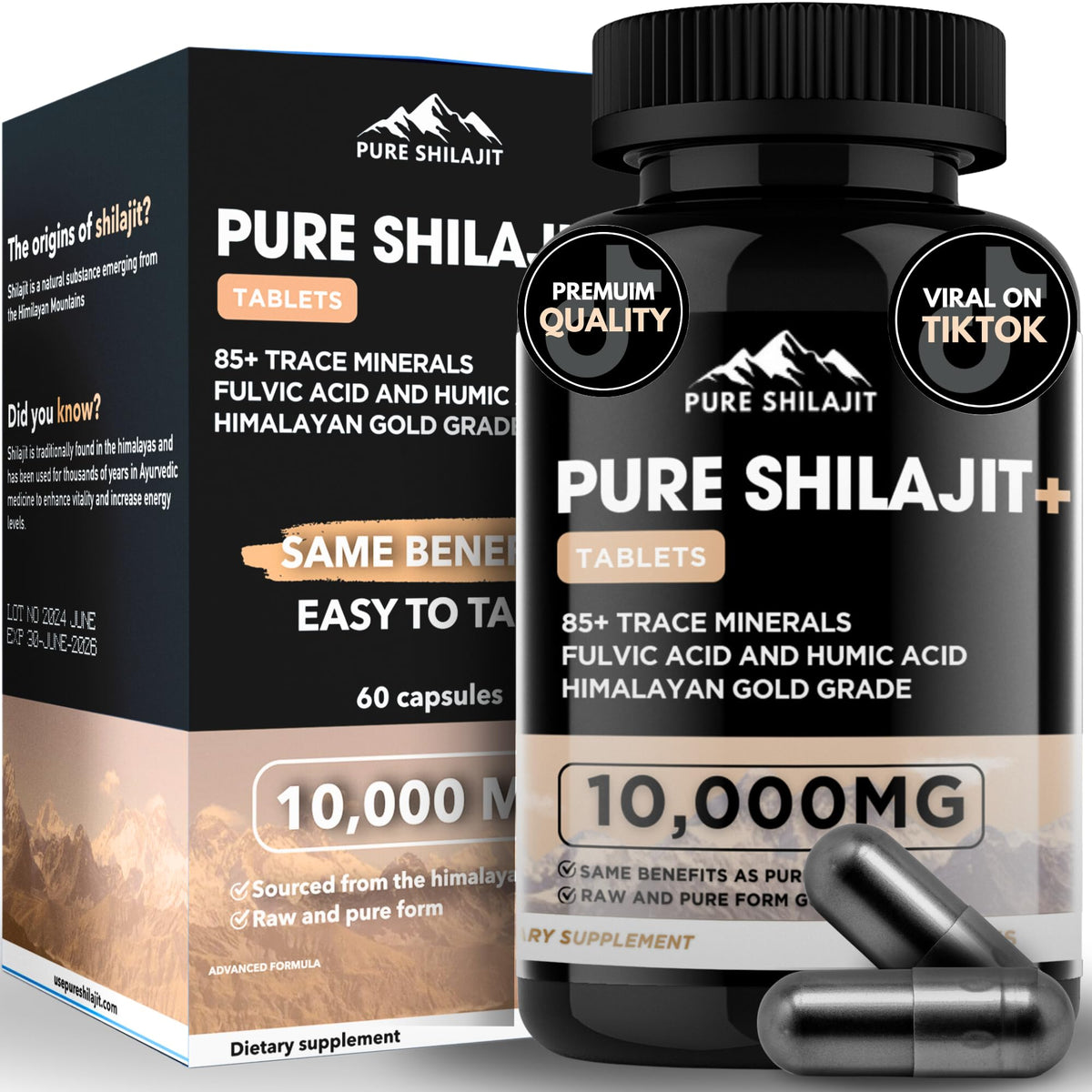 Pure Shilajit – bocal de capsules, soutien énergétique potentiel.