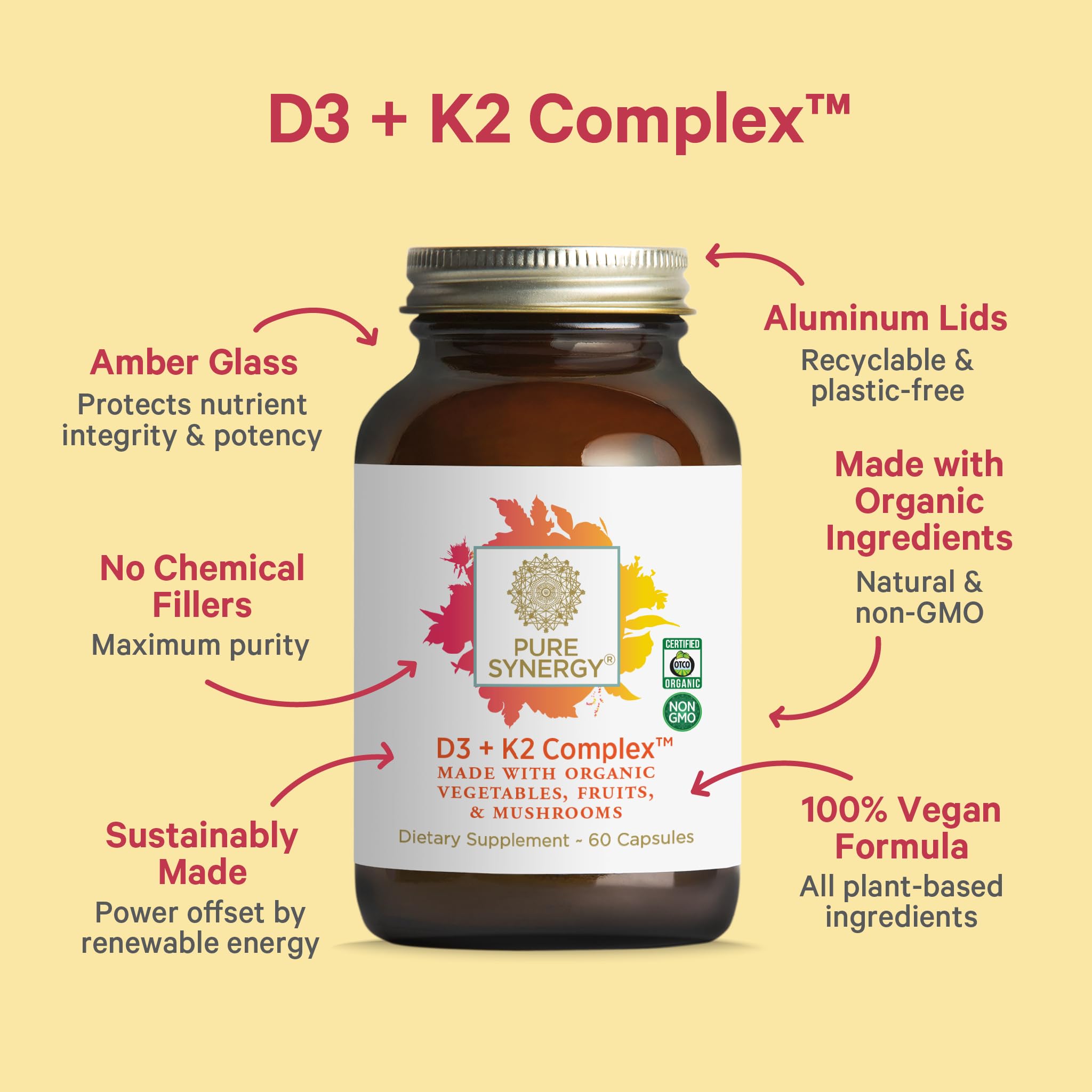 Pure Synergy D3 K2 Complex – ingrédients organiques et non-OGM.