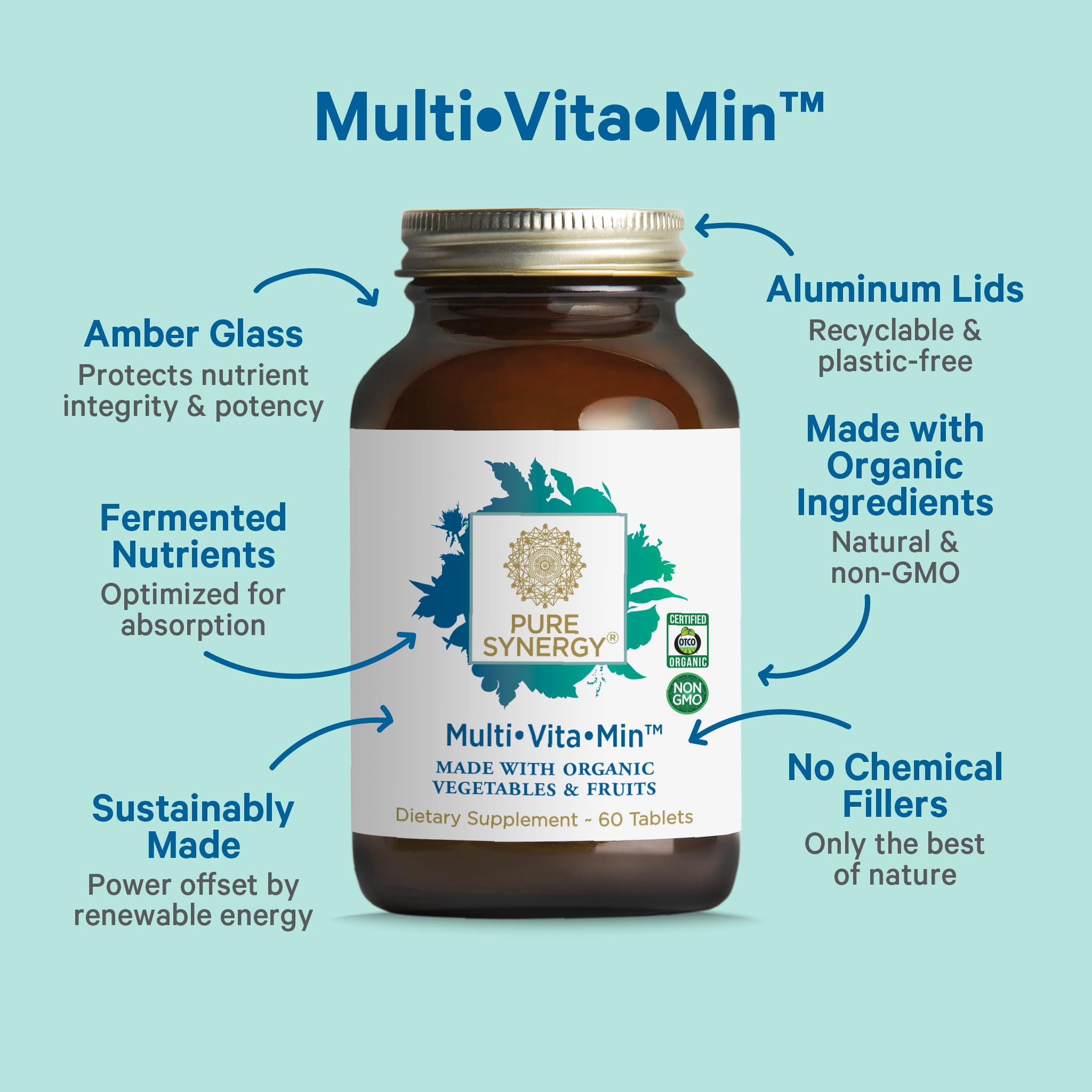 Pure Synergy Multi Vitamine : étiquette organique illustrant ingrédients fermentés.