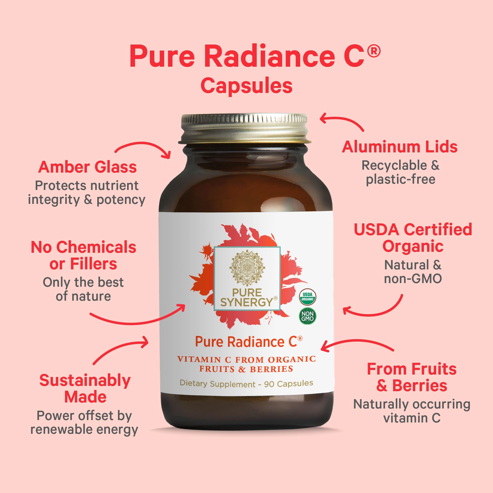 Pure Synergy Pure Radiance C — étiquette biologique affichant les ingrédients certifiés.
