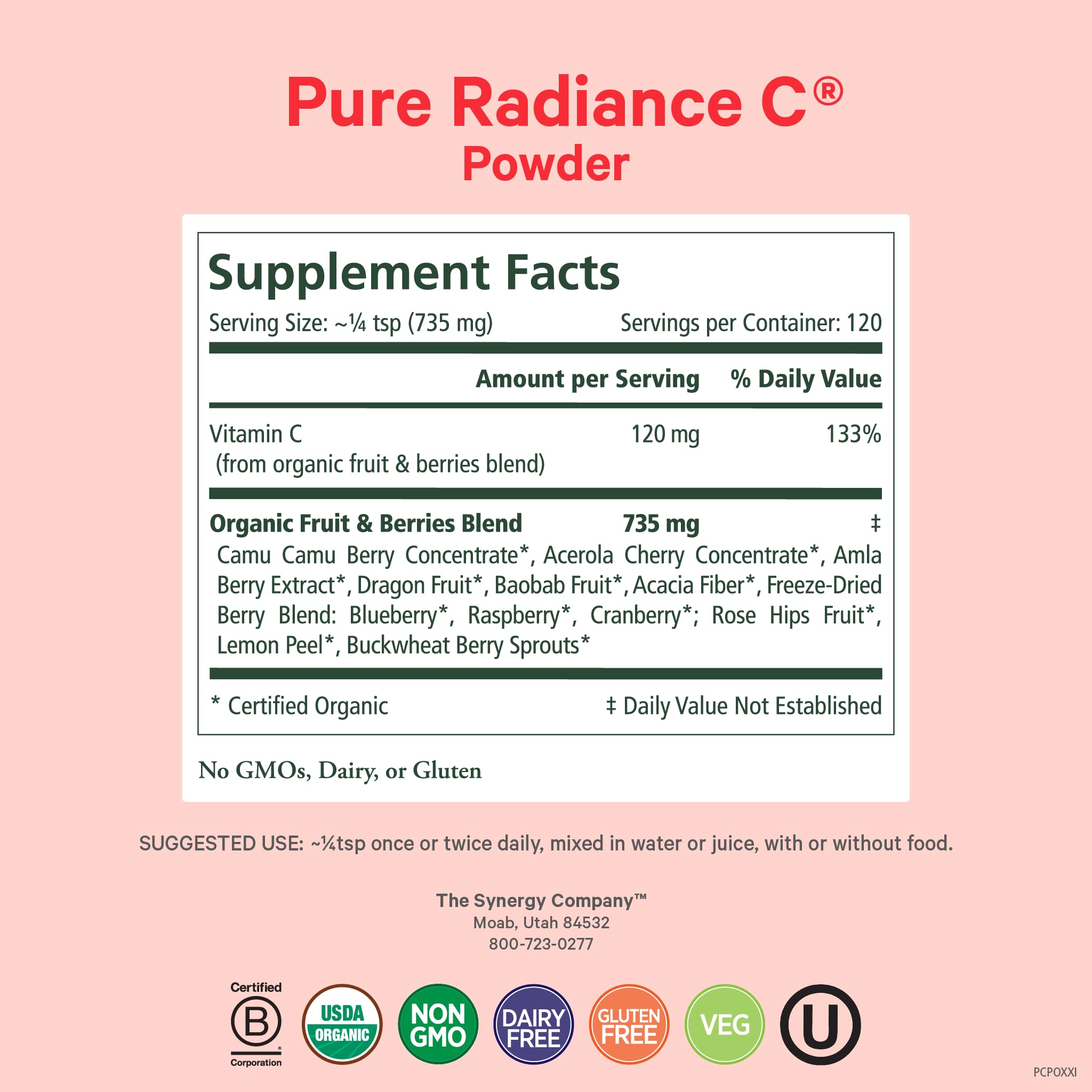 Pure Synergy Pure Radiance C poudre organique de vitamine C idéale pour l'apport quotidien et énergie légère