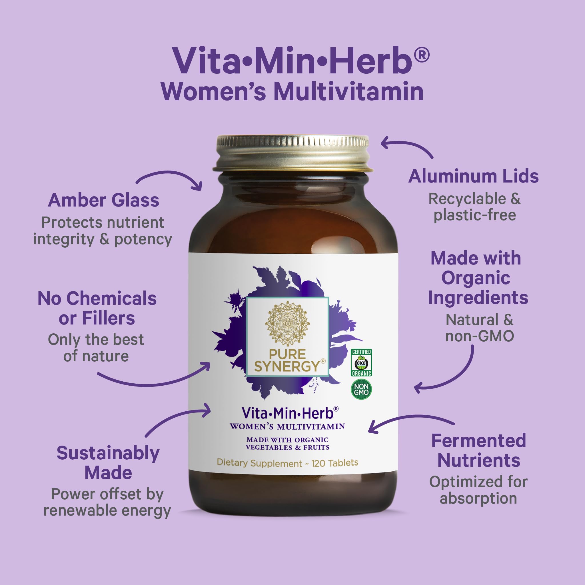 PURE SYNERGY Vita-Min-Herb femmes — etiquette bio sur l'emballage démontrant approche saine et végan