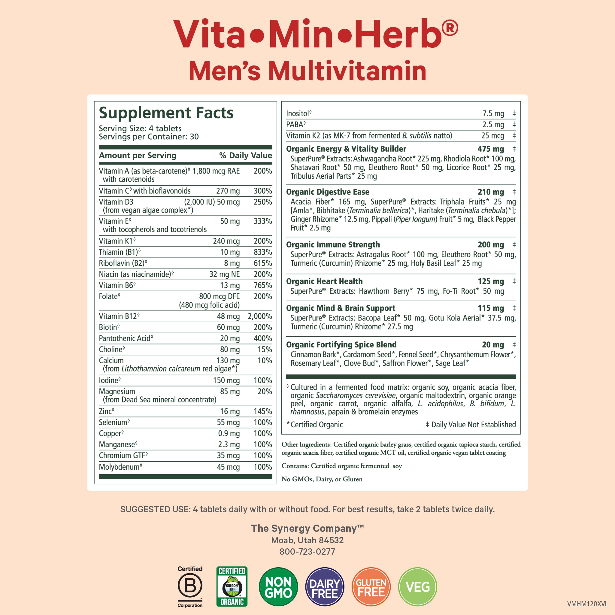Pure Synergy Vita-Min-Herb : Comprimés faciles à avaler pour énergie et vitalité