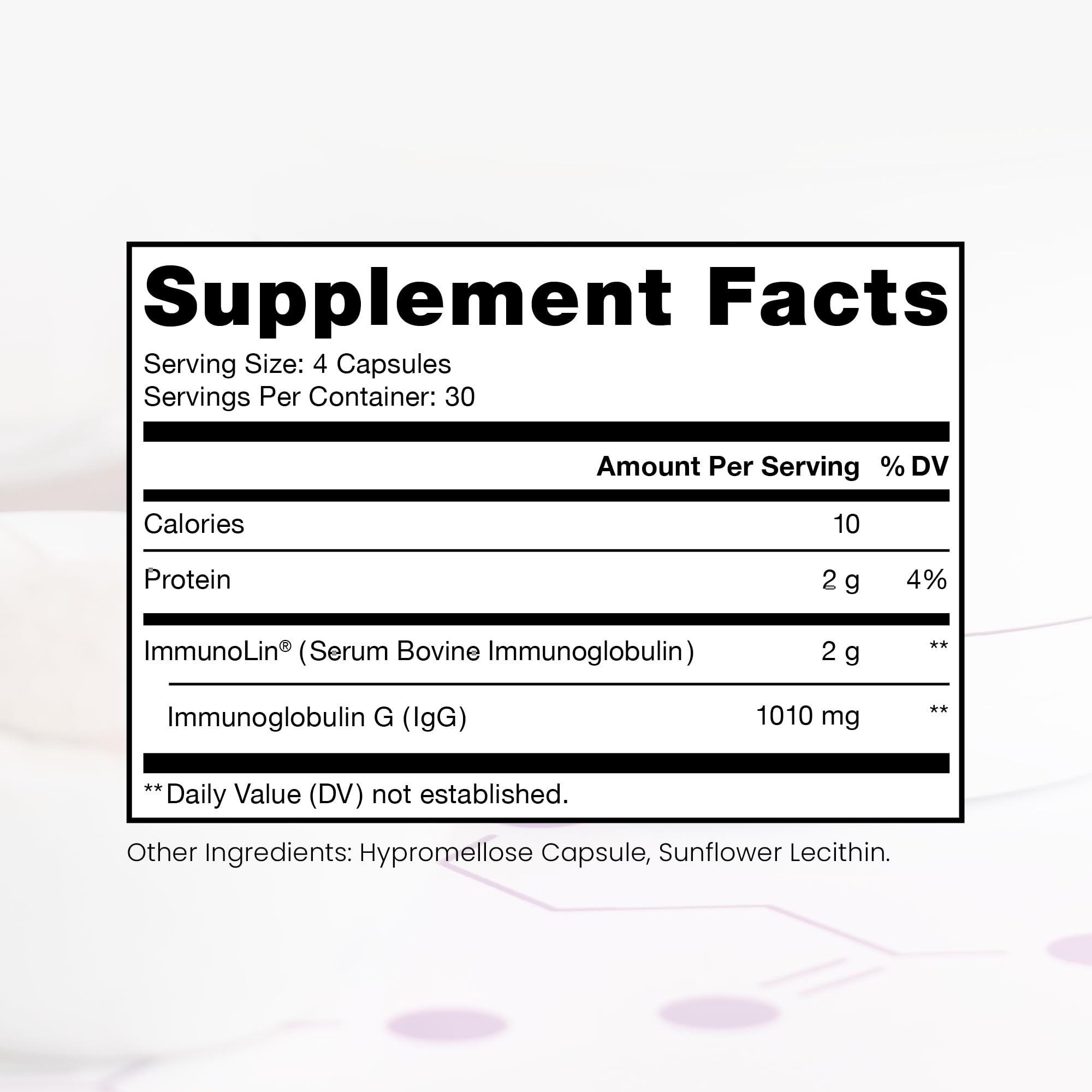 Pure Therapro Rx Elite IgG, étiquette claire, formule sans lactose.