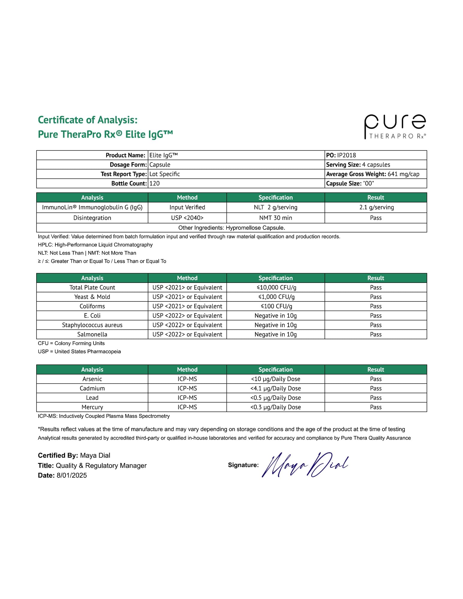 Pure Therapro Rx Elite IgG, notice et gélules prêtes pour routine quotidienne.