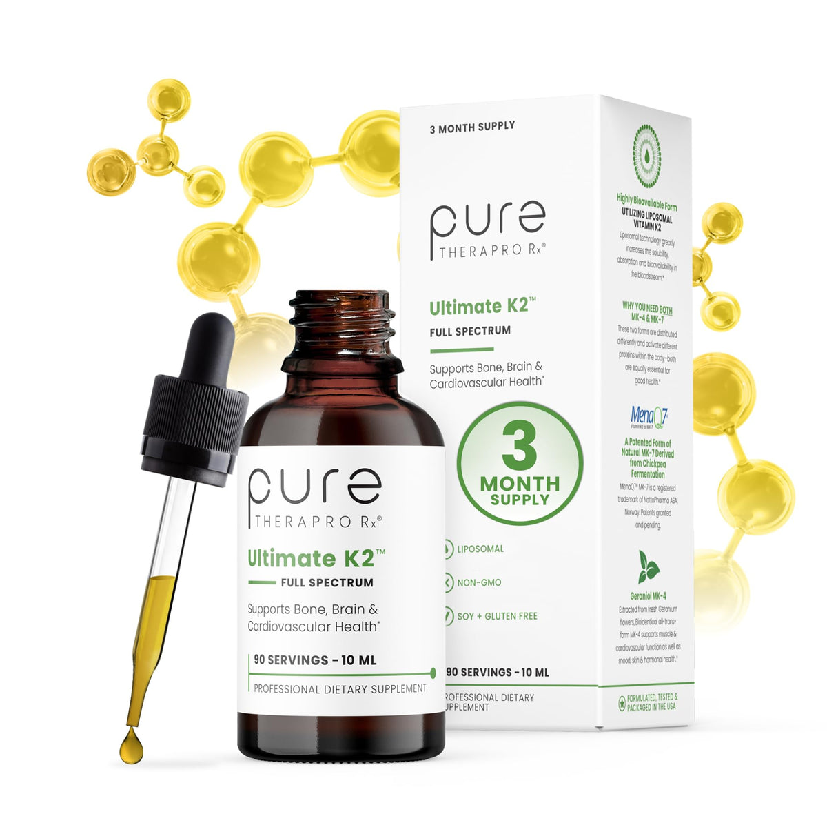 Gouttes K2 liposomales Pure Therapro Rx en bouteille, soutien potentiel santé articulaire.