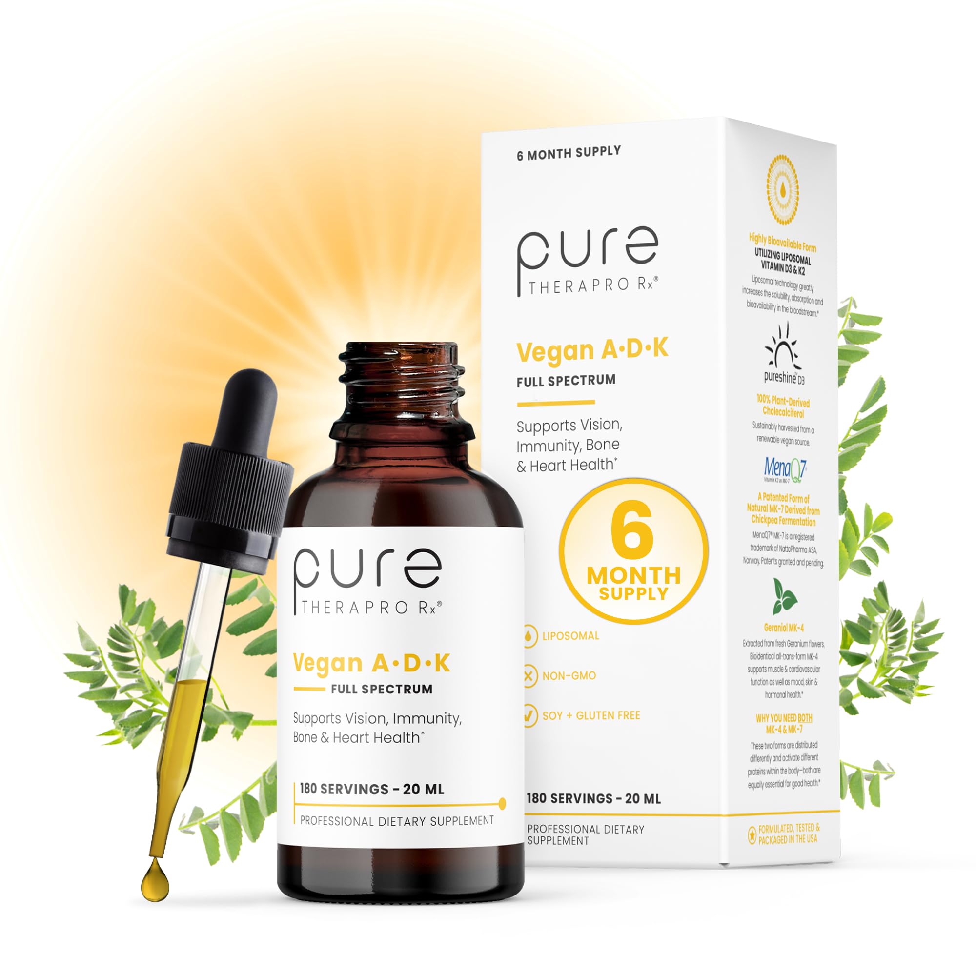 Pure TheraPro Rx gouttes vegan A-D-K 20 ml, soutien potentiel à l'immunité.