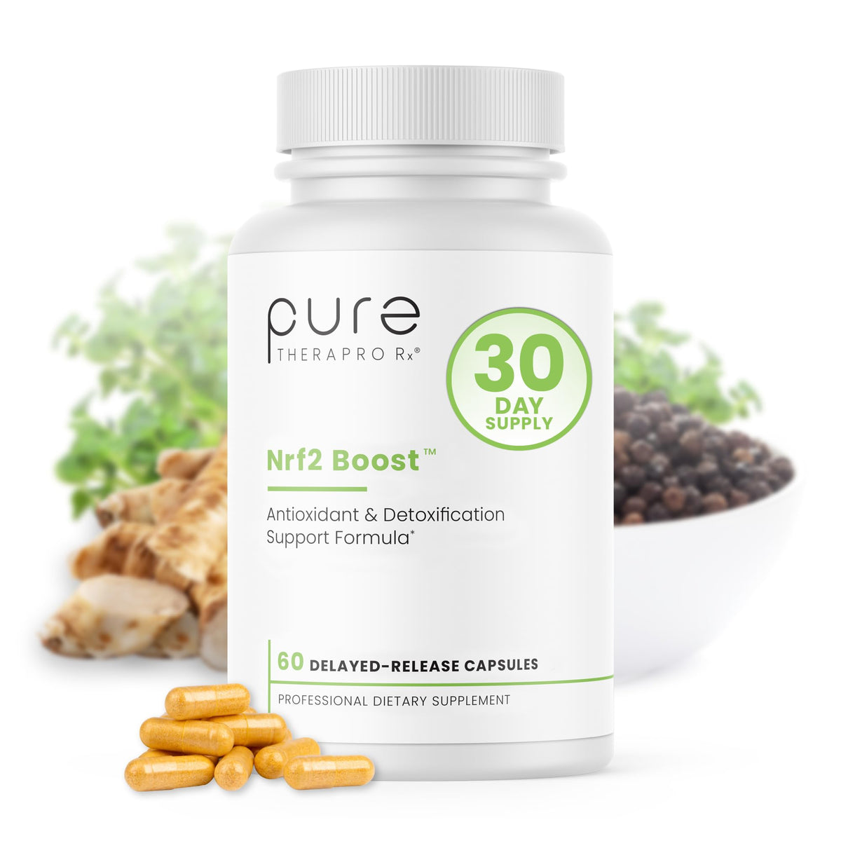 Pure TheraPro Rx Nrf2 Boost, bouteille, soutien antioxydant potentiel.