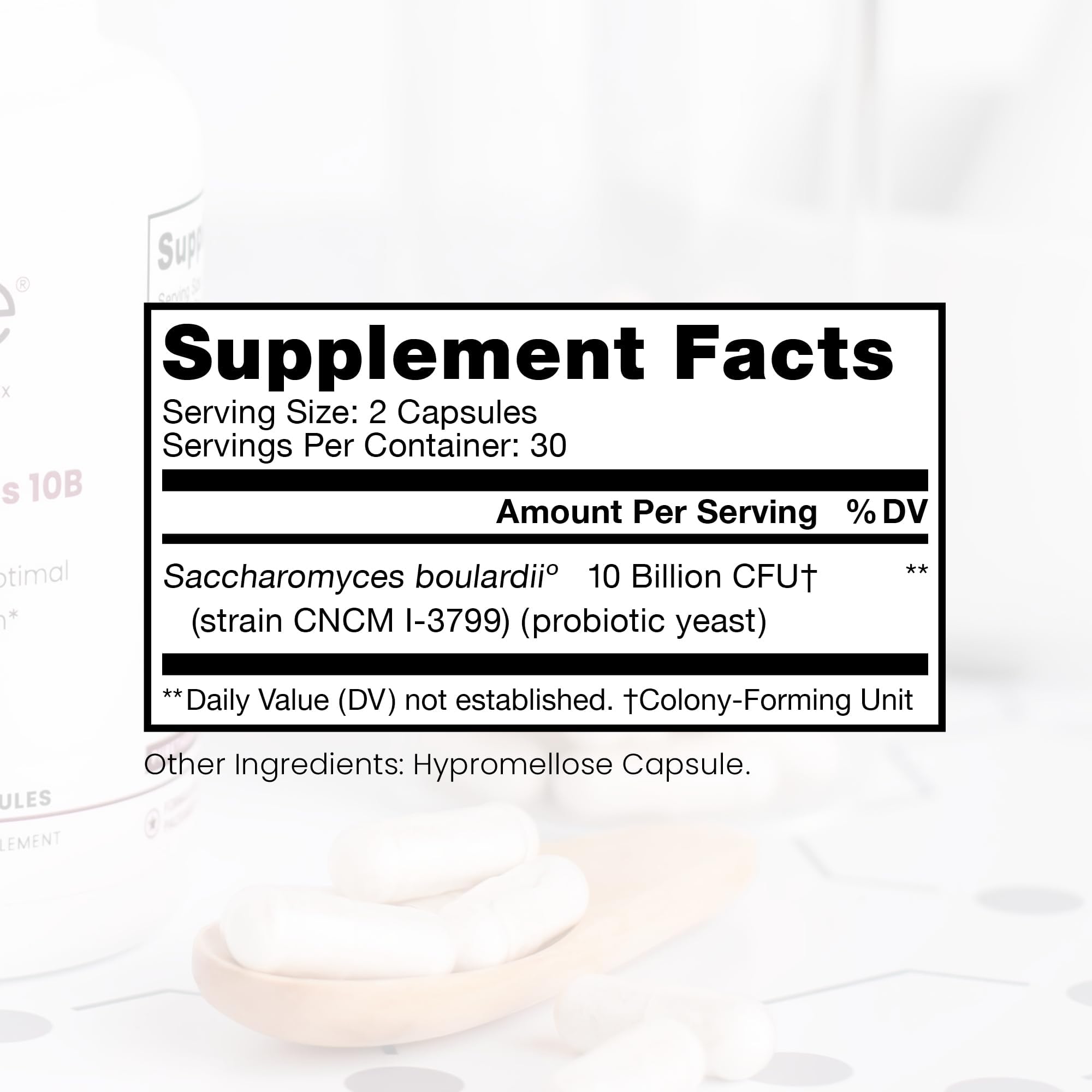 Capsules Saccharomyces boulardii 10 milliards CFU, dosage quotidien pratique.