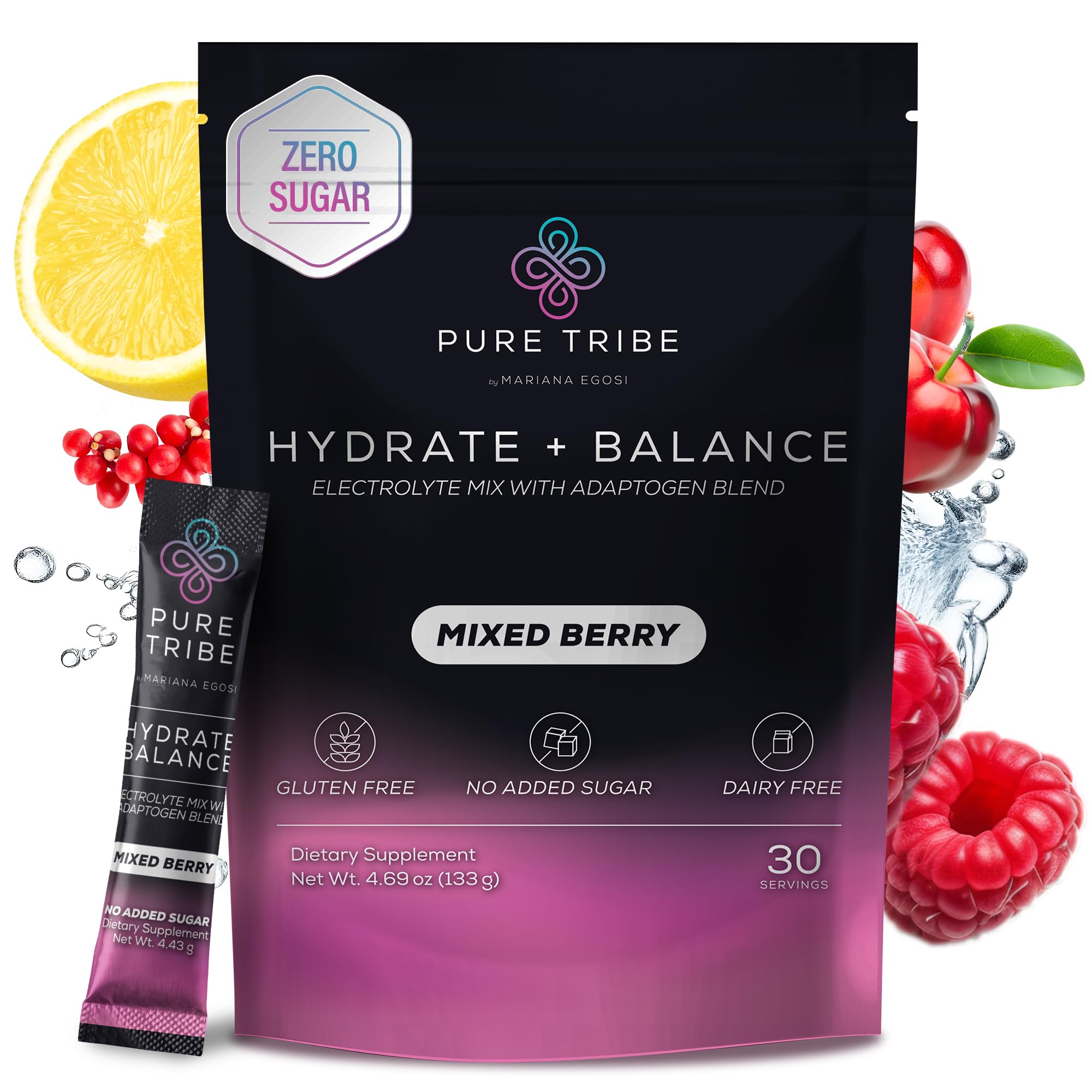 Pure Tribe, sachet électrolytes fruits rouges pour hydrater rapidement pendant l'effort.
