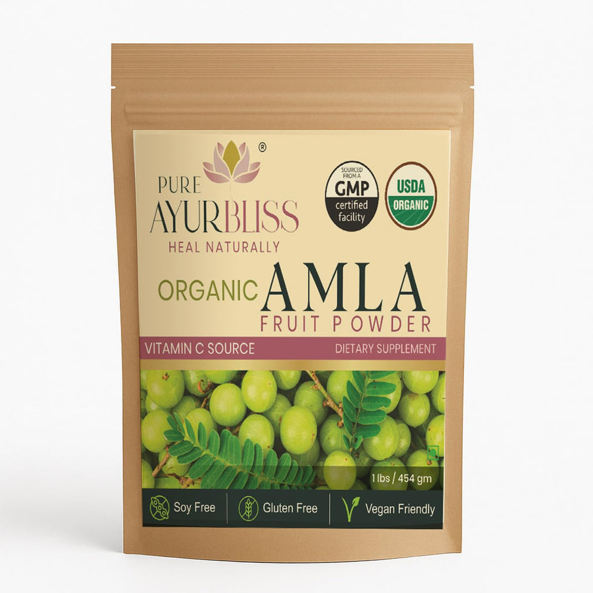 PureAyurbliss amla poudre en bouteille, source naturelle de vitamine C pour votre routine.