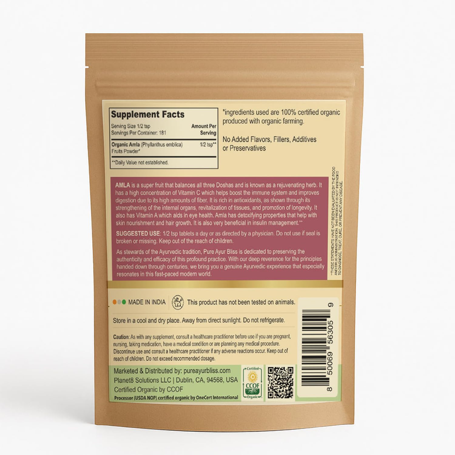 PureAyurbliss amla poudre emballage, etiquette claire et options d'emballage recyclables.