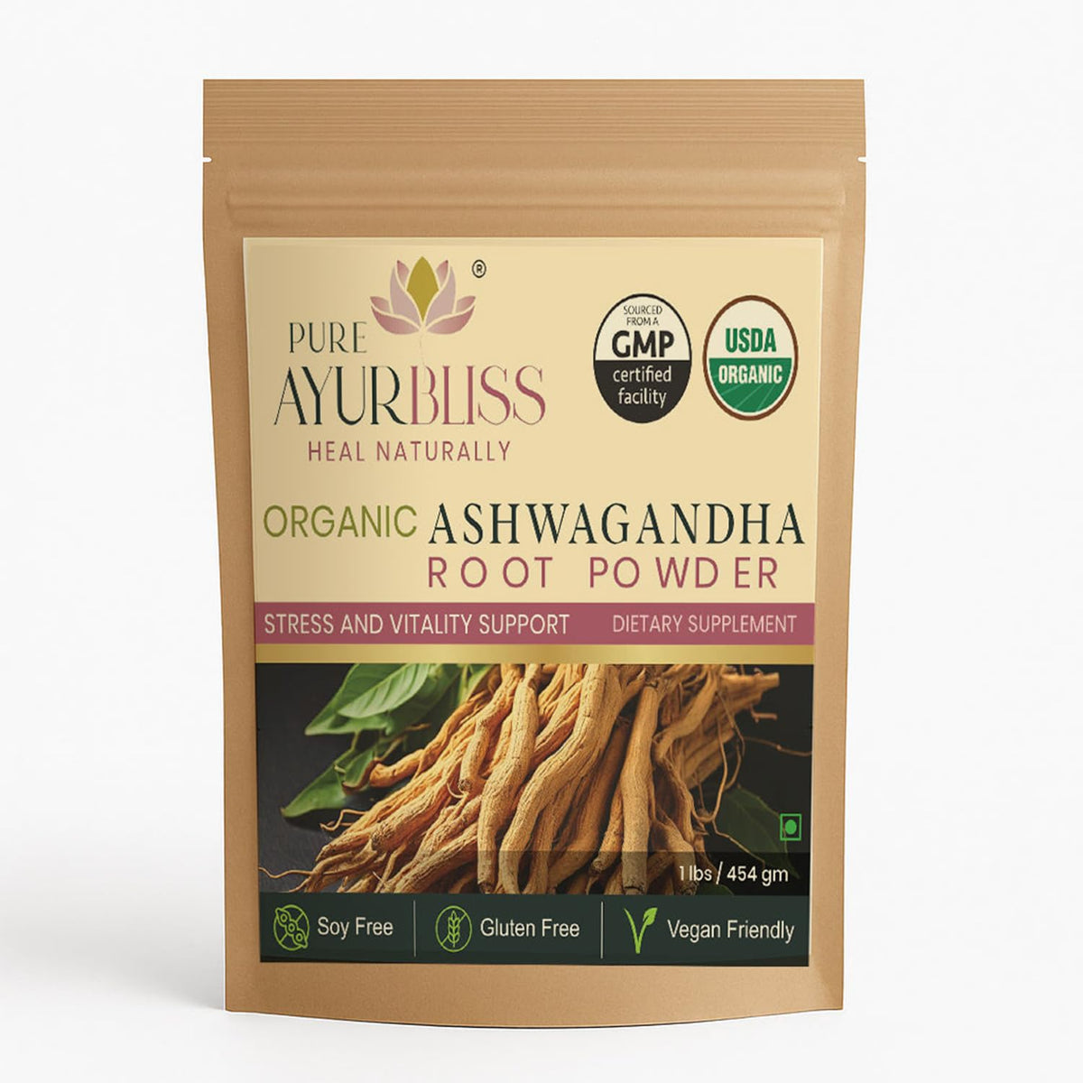 PureAyurbliss poudre d'Ashwagandha dans le bocal, soutien quotidien bien-être