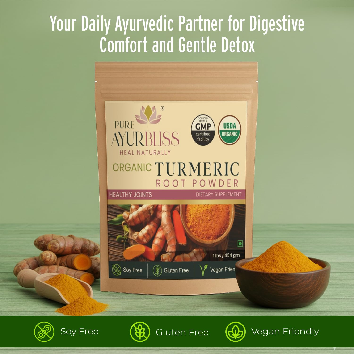 PureAyurbliss Turmeric - Bouteille de 454 g prête à être utilisée dans vos recettes.
