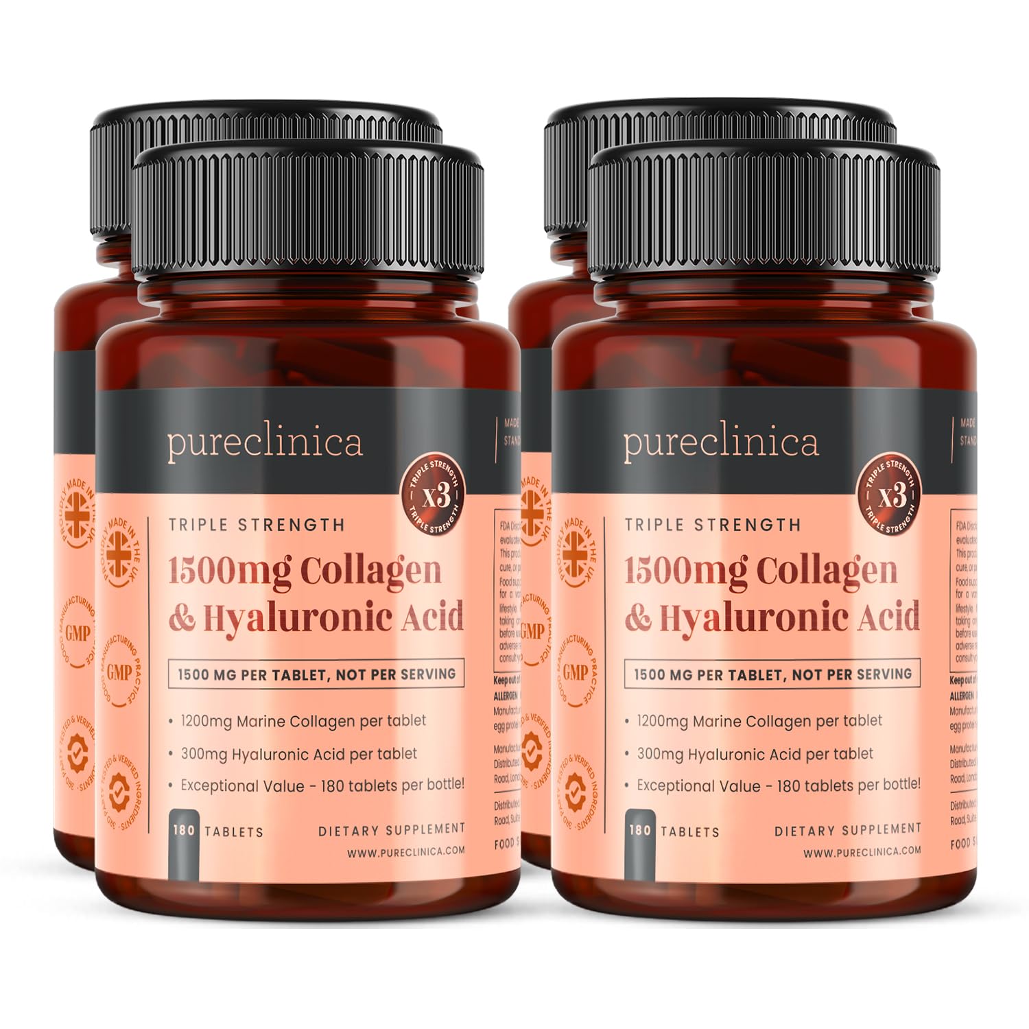 Pureclinica bouteille de comprimés collagène marin et hyaluronate, soutien hydratation
