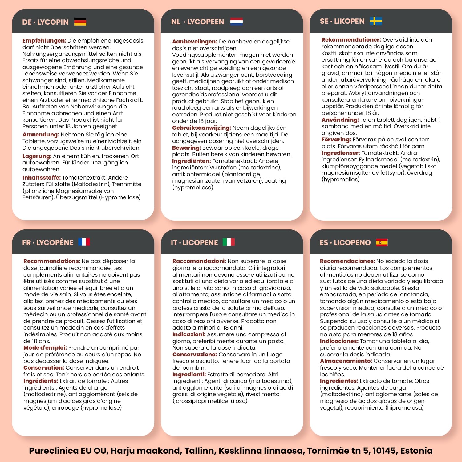 Pureclinica Lycopène – prise journalière, couverture approximative de six mois.