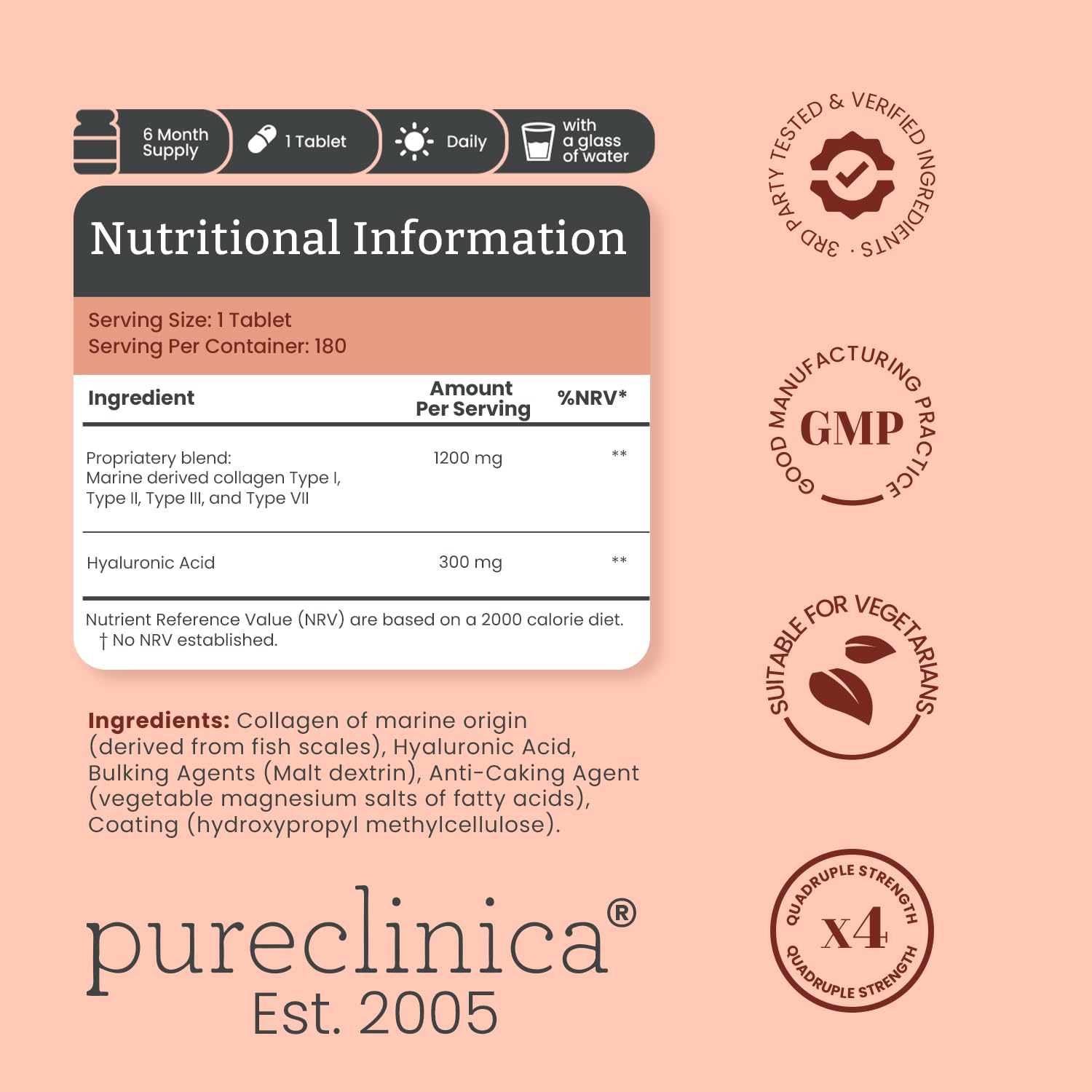 Tablettes Pureclinica montrées en détail avec collagène et hyaluronique
