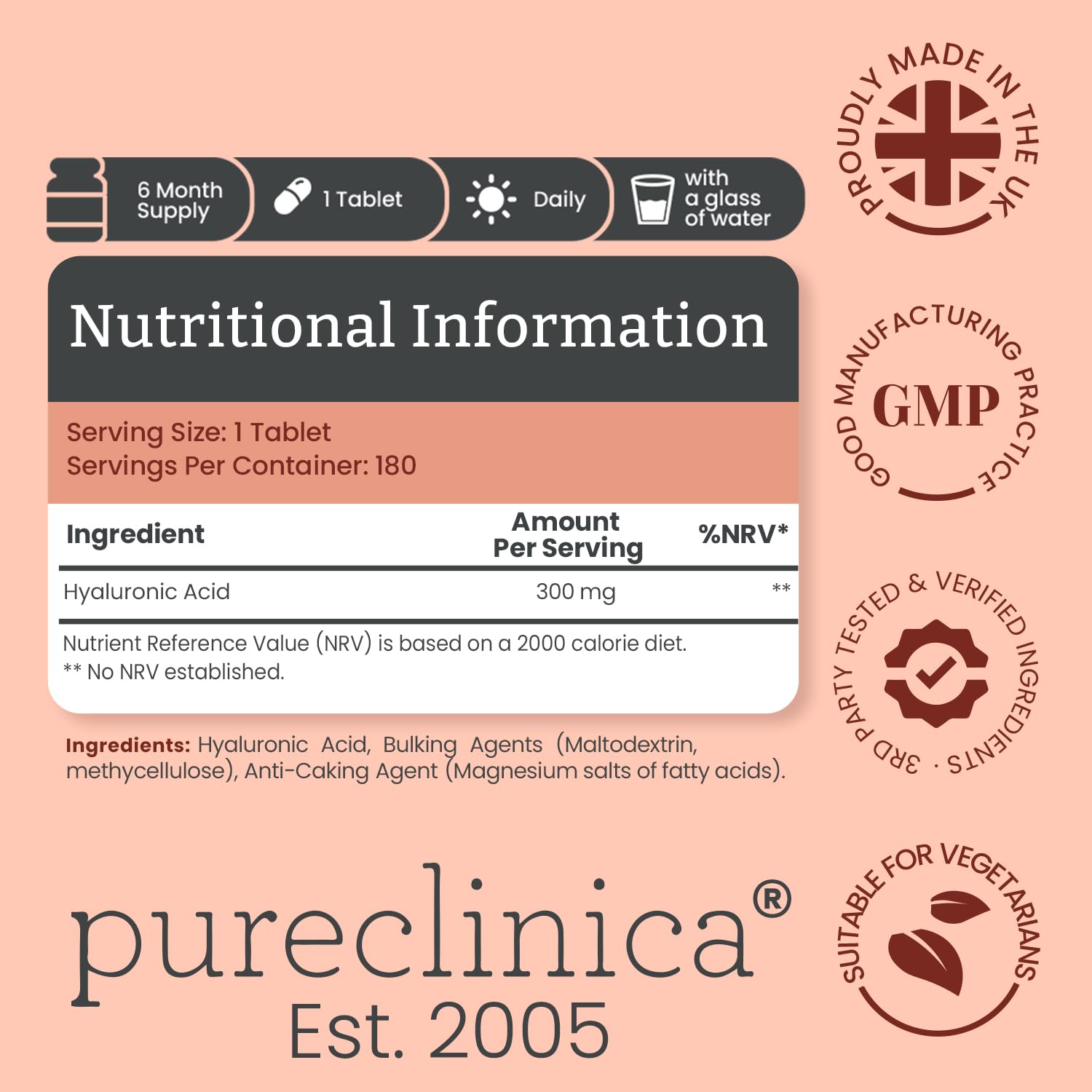 Tablettes Pureclinica Hyaluronique 300 mg, forme concentrée et facile à prendre.