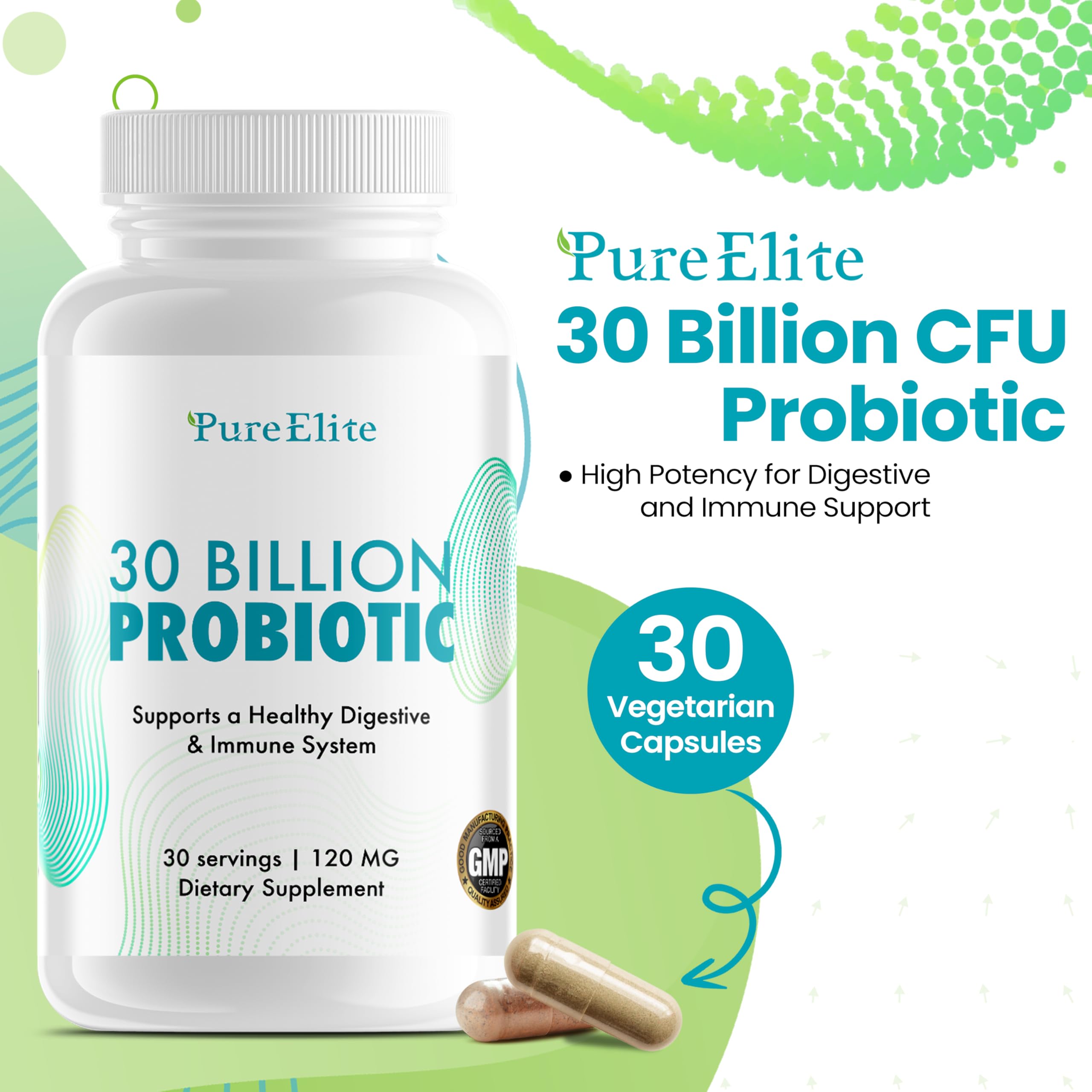 PureElite probiotiques capsules prêtes à l'emploi pour l'absorption.