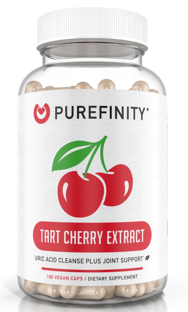 Purefinity capsules cerise acide – bouteille présentant le produit et soutien potentiel des articulations.