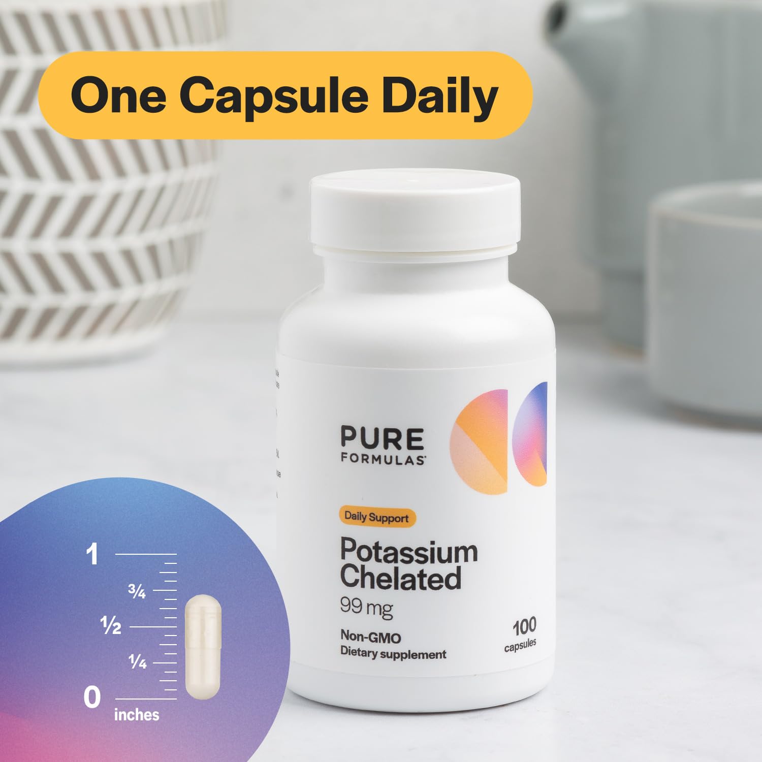 PureFormulas Potassium 99 mg, soutien cœur sain et énergie pour activités quotidiennes.