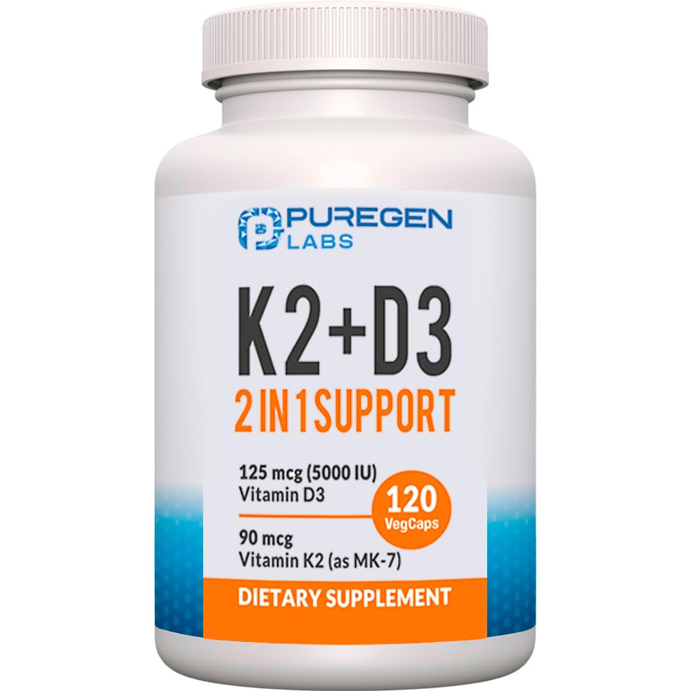 P Puregen Labs – bouteille-d3-k2-versement: soutien potentiel à l'équilibre calcique.