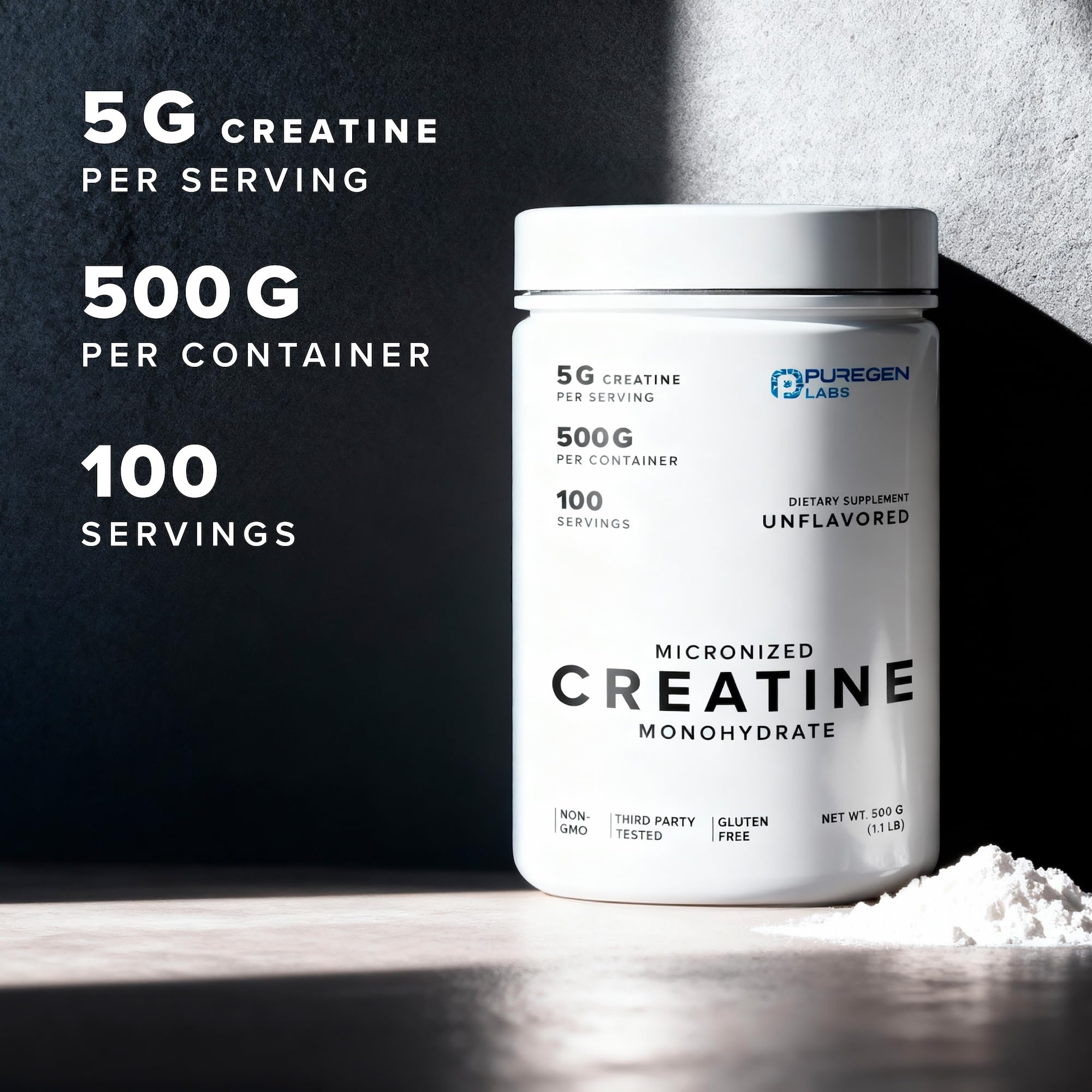 Puregen Labs Créatine monohydrate, mélange rapide dans une boisson protéinée.