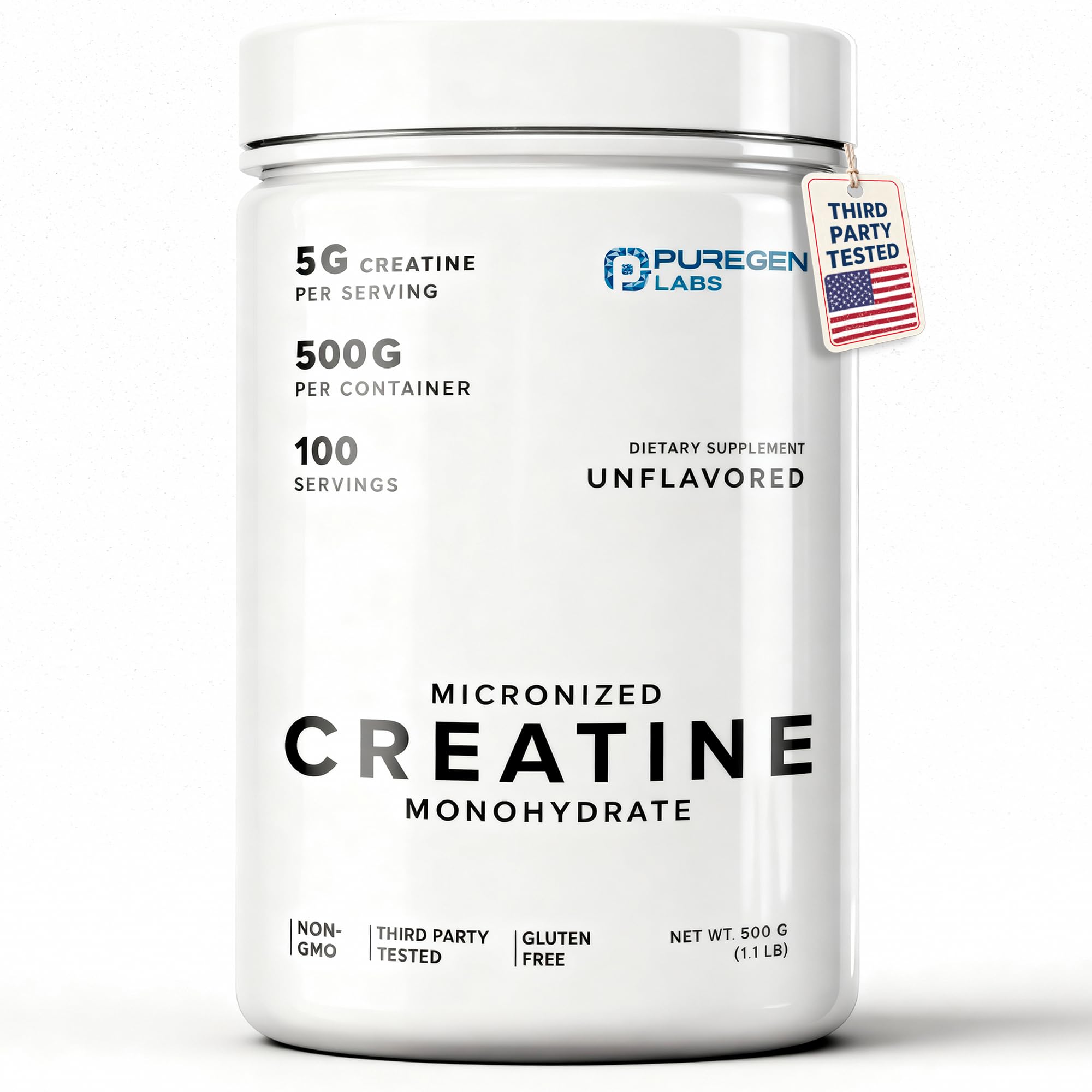 Puregen Labs Créatine micronisée en poudre, dissolution rapide et goût neutre.