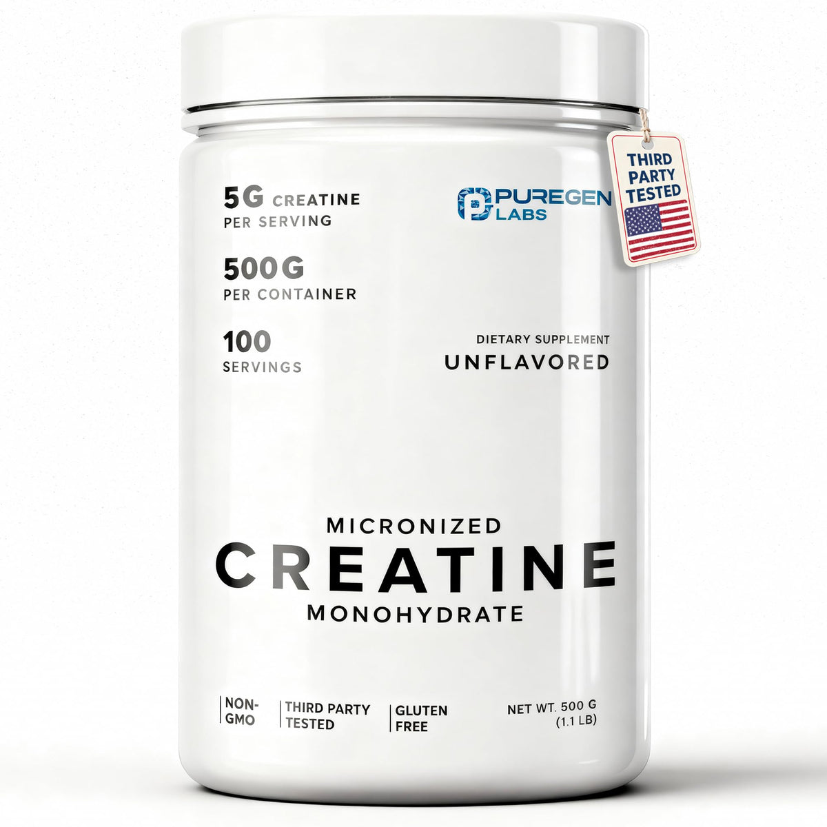 Puregen Labs Créatine micronisée en poudre, dissolution rapide et goût neutre.