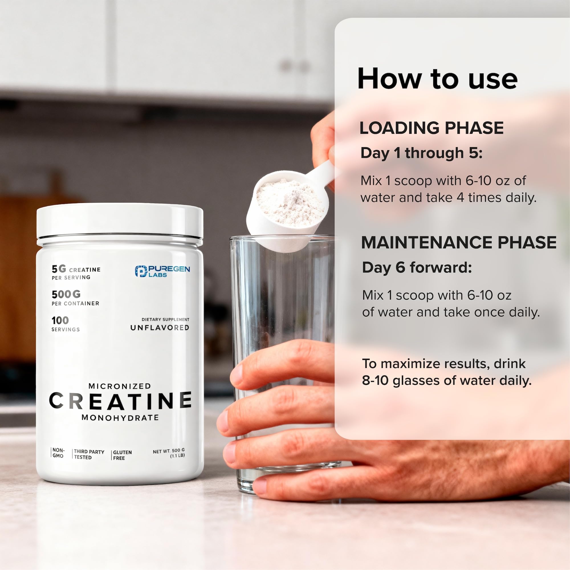 Puregen Labs Créatine, usage quotidien pratique après l'entraînement.