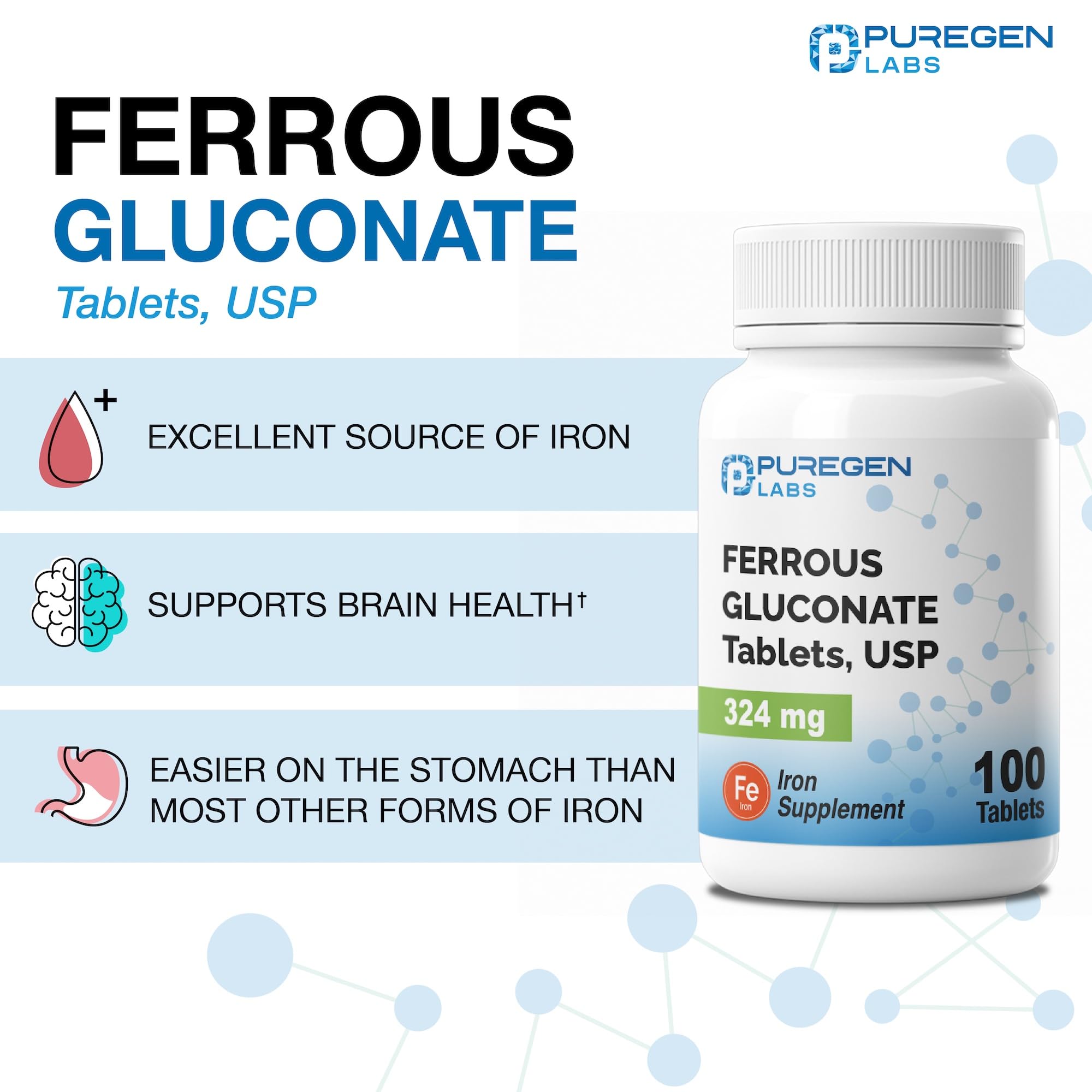 Puregen Labs tablettes gluconate ferreux, dosage 38 mg élémentaire pour un usage quotidien.