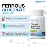 Puregen Labs tablettes gluconate ferreux, dosage 38 mg élémentaire pour un usage quotidien.
