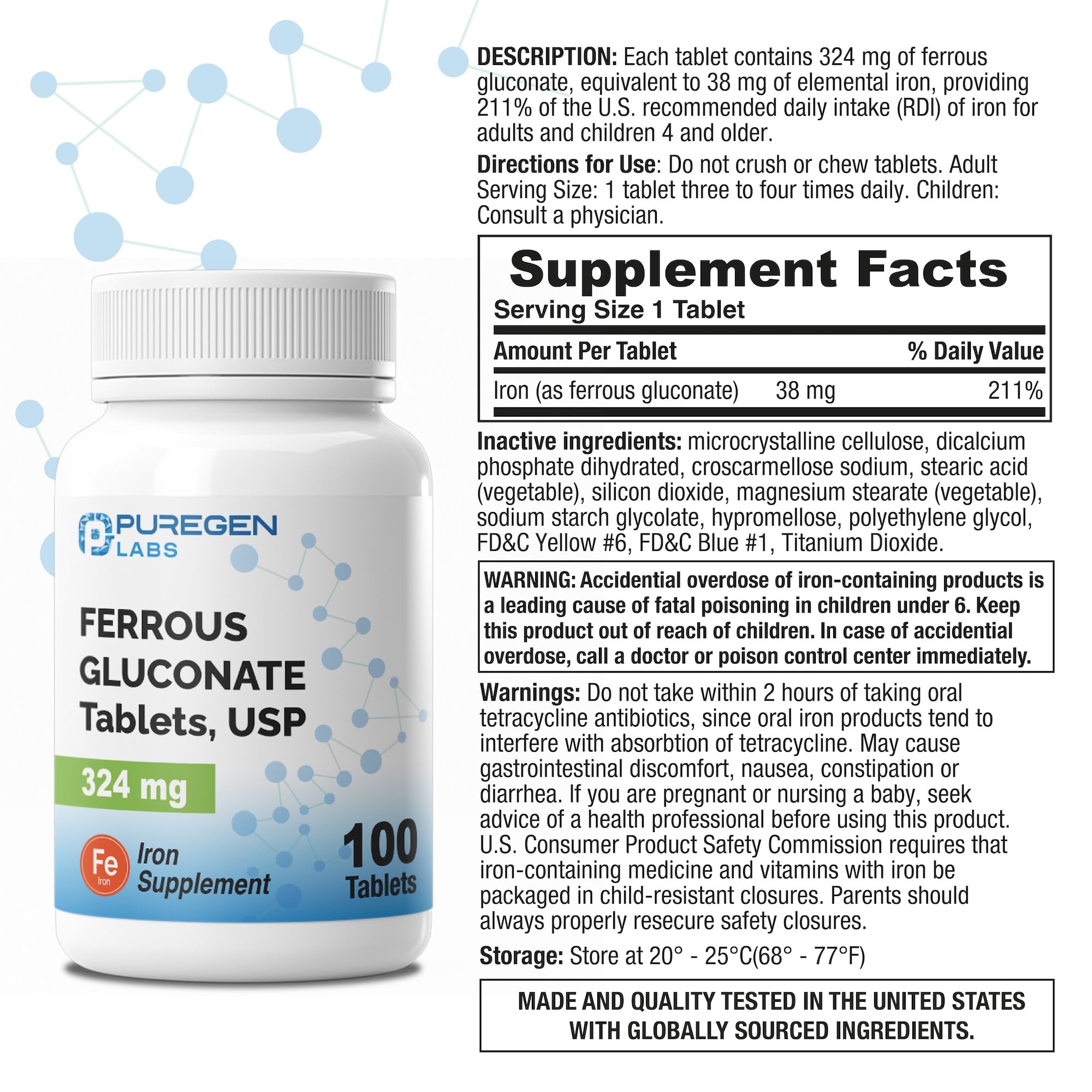 Puregen Labs emballage tablettes ferreux gluconate, design pratique et lisible.
