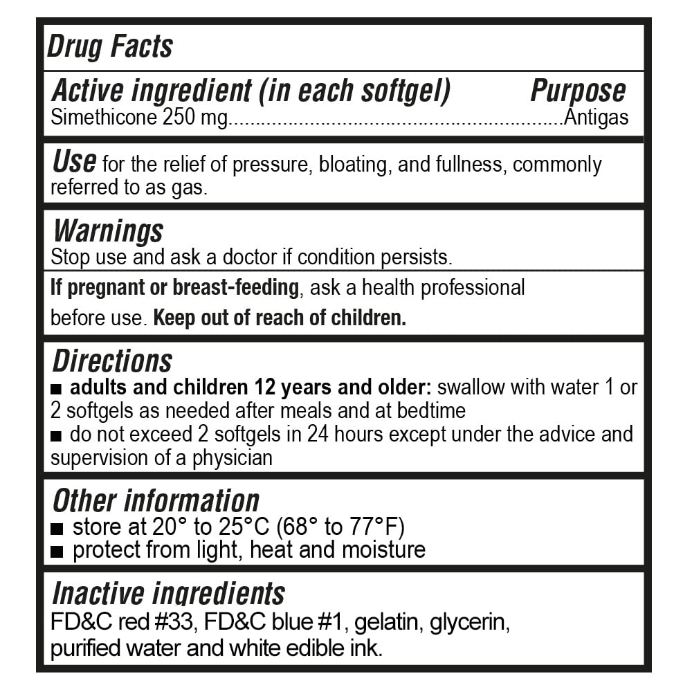 Capsules Puregen Labs siméthicone 250 mg visibles, faciles à avaler.