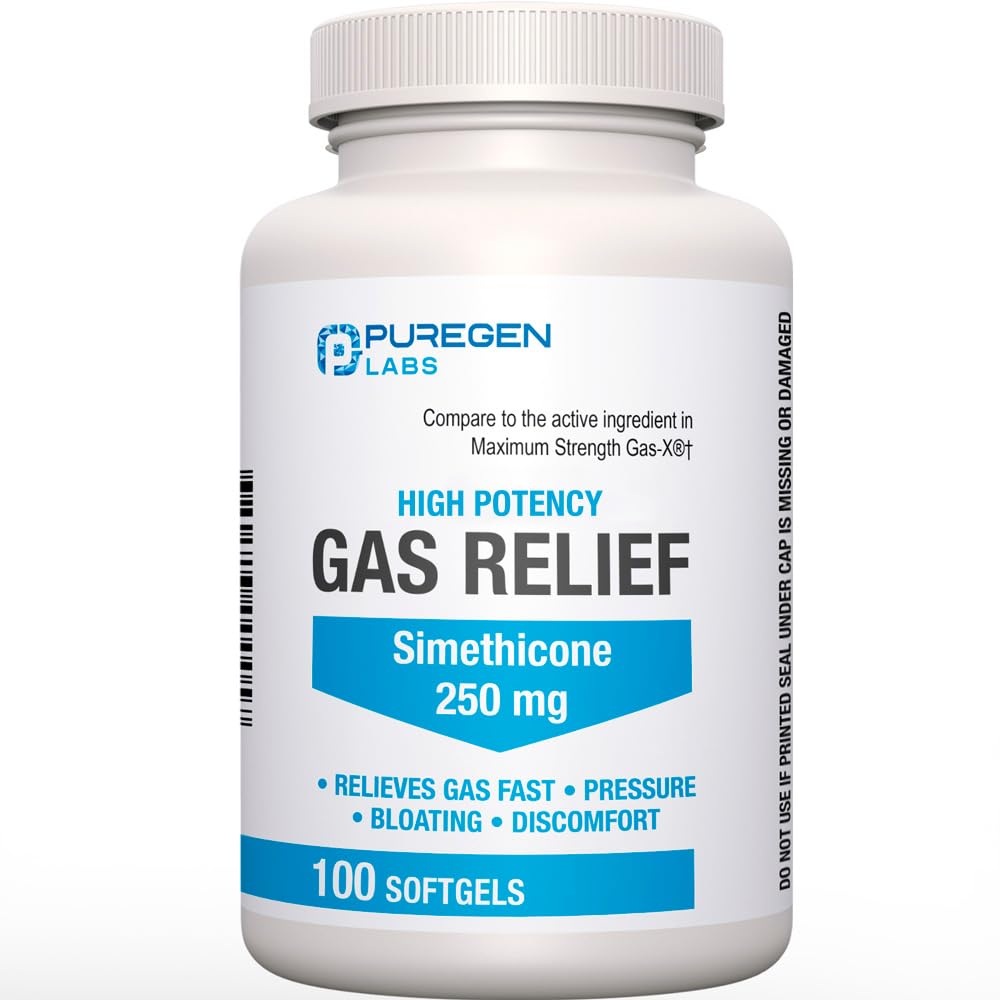 Gélules Puregen Labs siméthicone 250 mg sur emballage, soulagement potentiel des gaz.