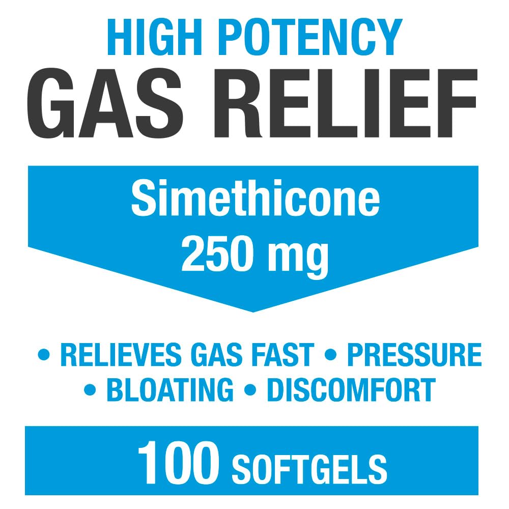 Prise rapide des gélules Puregen Labs siméthicone 250 mg pour gaz et ballonnements.