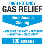 Prise rapide des gélules Puregen Labs siméthicone 250 mg pour gaz et ballonnements.