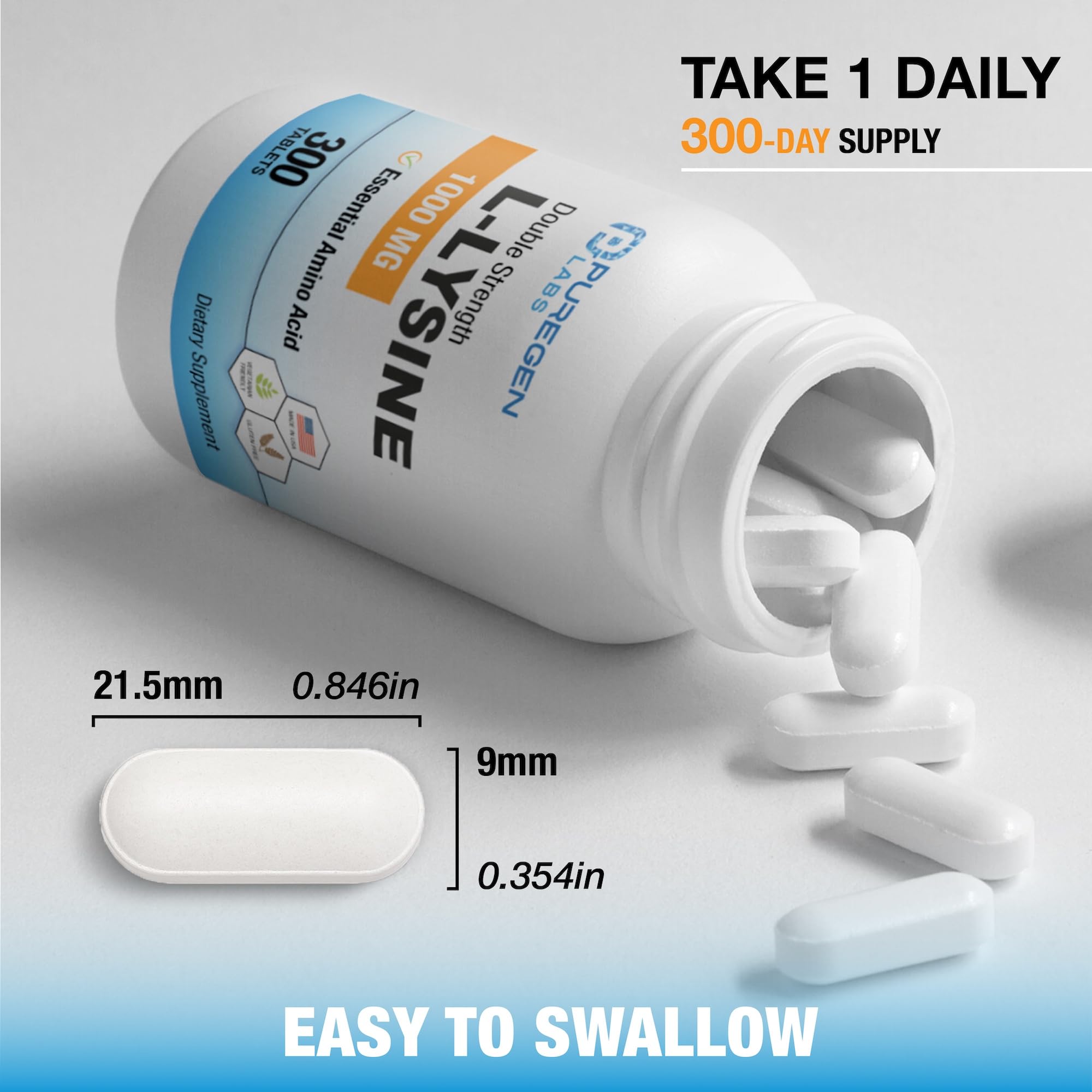 Emballage extérieur de Puregen Labs L-Lysine 1000 mg montrant le contenu et le logo.