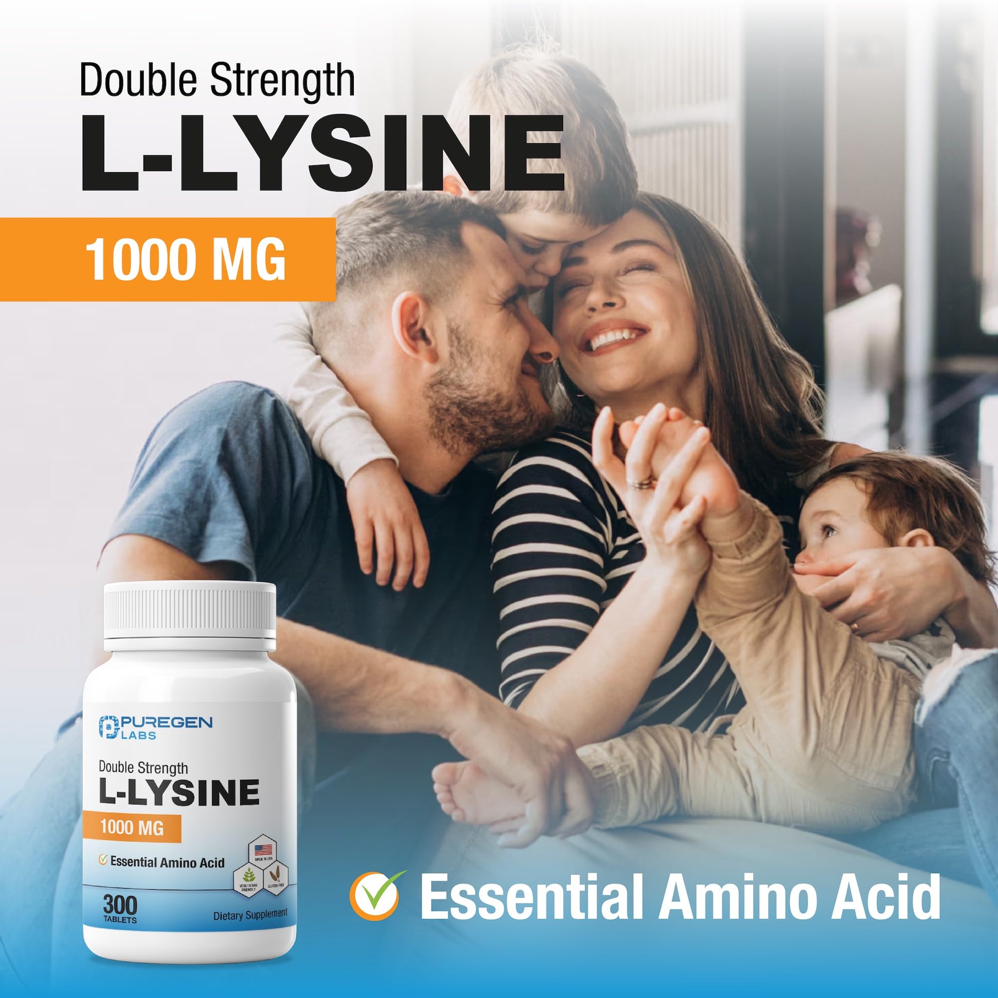Étiquette Puregen Labs L-Lysine 1000 mg montrant les ingrédients et les informations.
