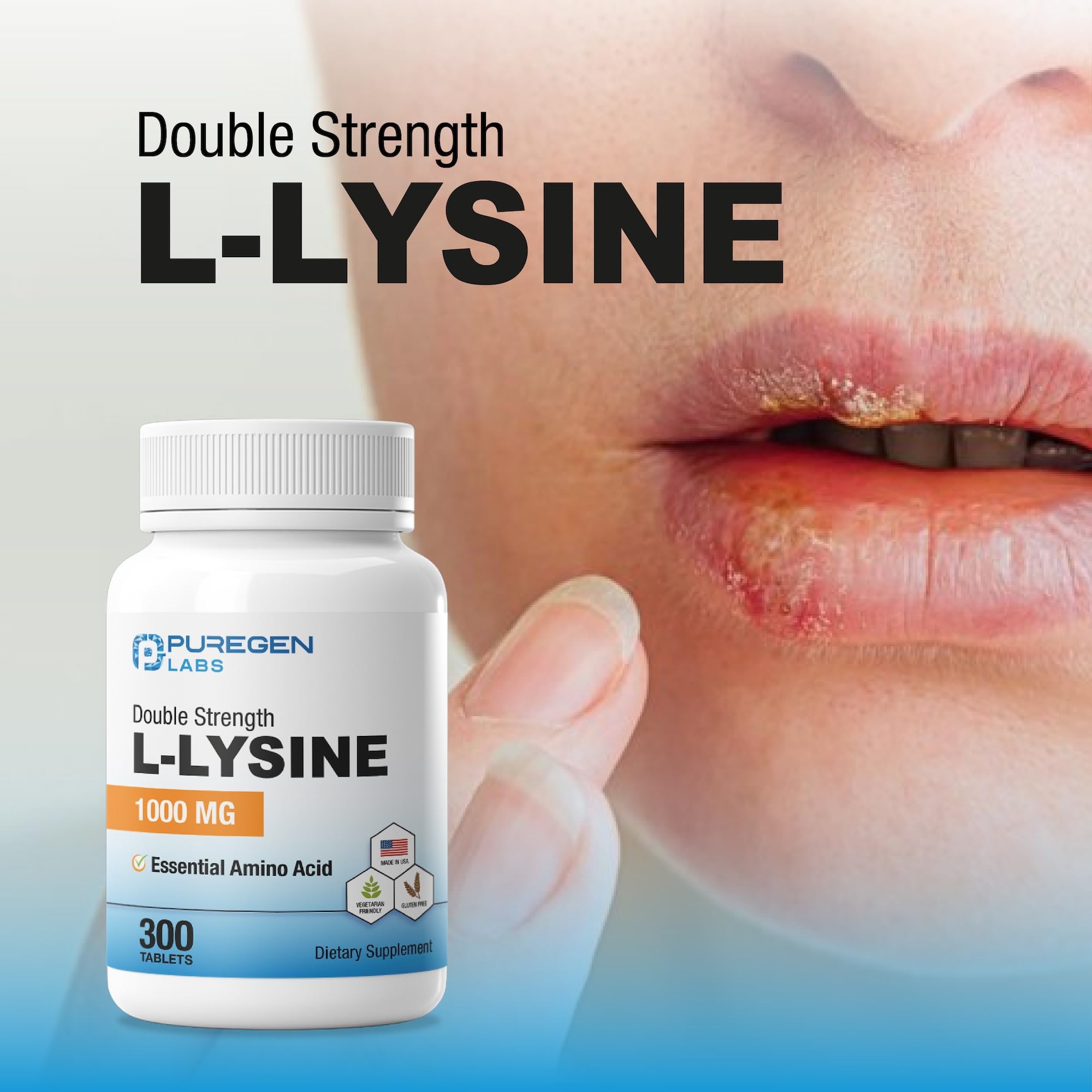 Prise quotidienne avec Puregen Labs L-Lysine 1000 mg, solution simple et pratique.