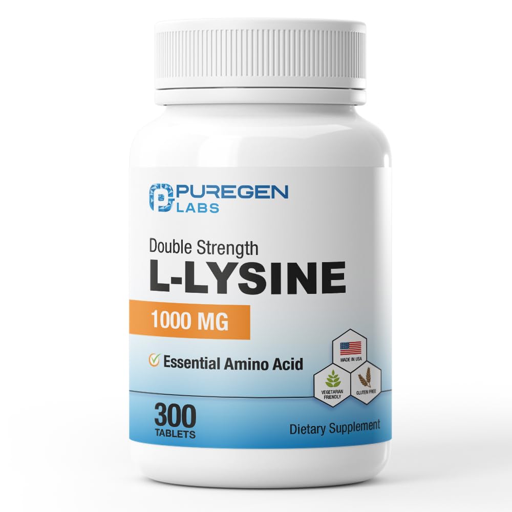 Comprimés Puregen Labs L-Lysine 1000 mg dans une bouteille fermée, pratique au quotidien.